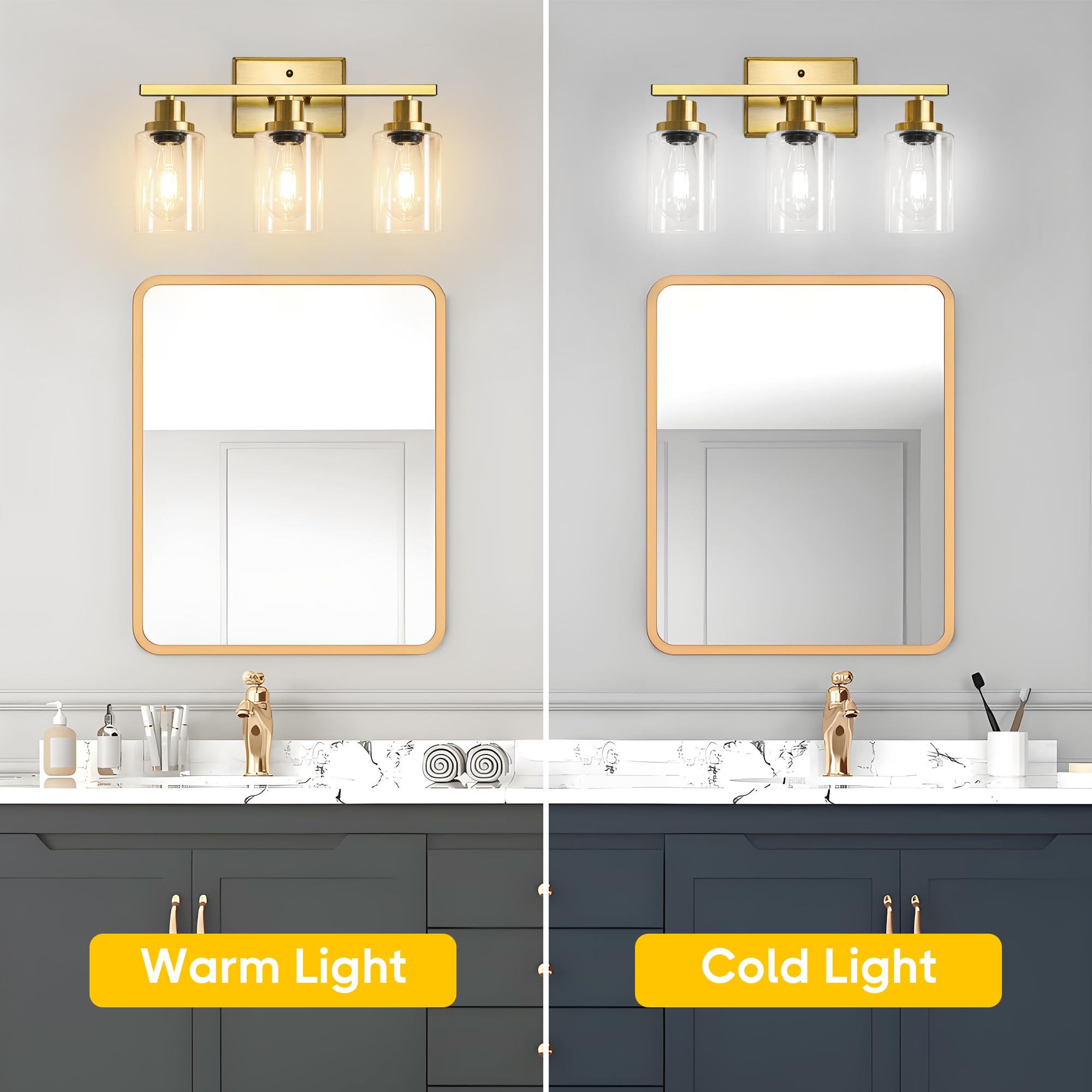 Ascher 3 Light Bathroom Vanity Light Fixtures, Gold Wall Sconces with Clear Glass Shade for Mirror, Kitchen, Living Room