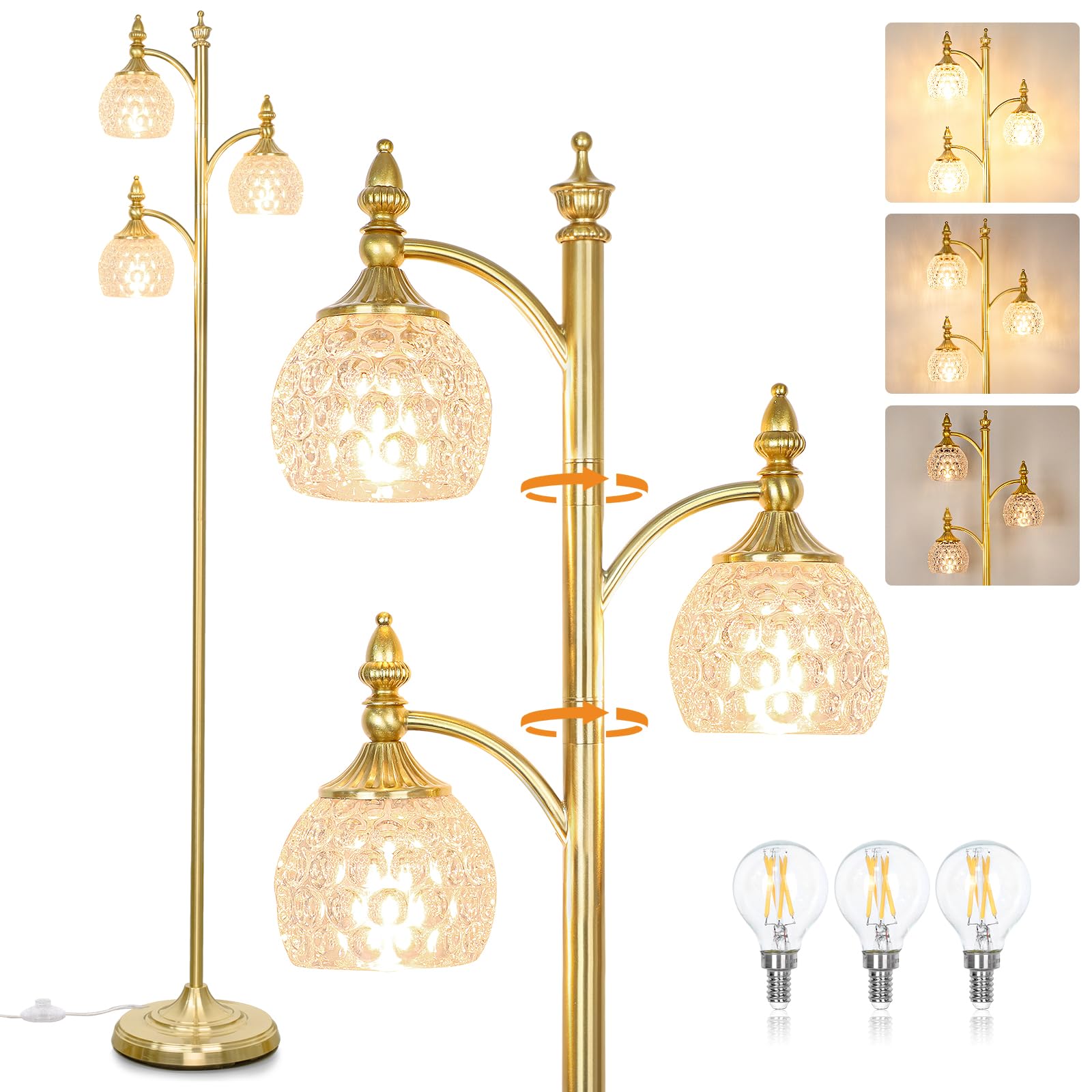 Gold Flower Floor Lamp, Dimmable Tree Floor Lamps for Living Room Brass Tall Standing Lamp with 3 Brightness Lights Glass Shades