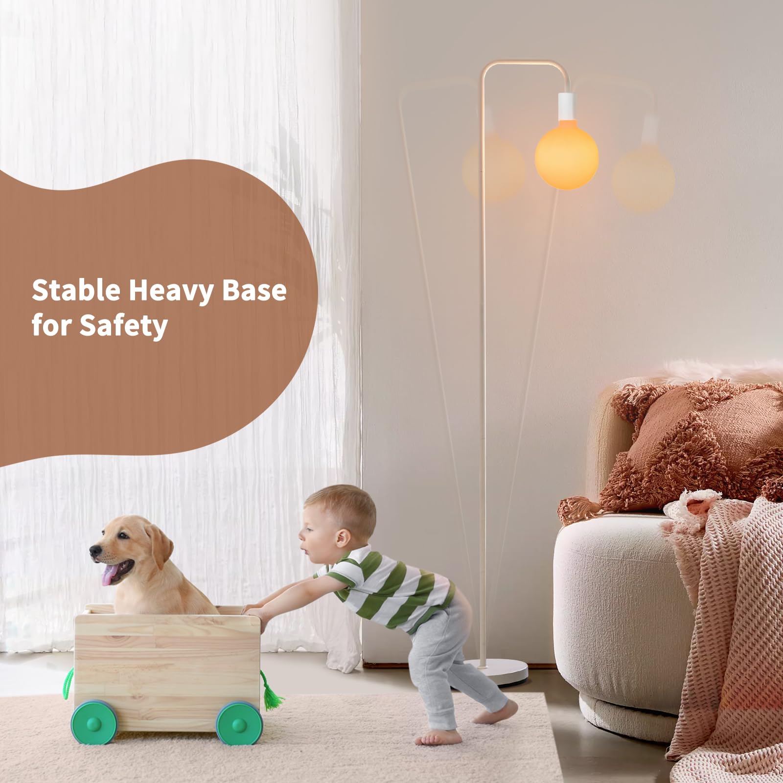 Onewish Floor Lamp For Living Room - Minimalist Standing Lamp With Modern Led Bulb, White Frosted Globe Glass 6'', 1800K Warm Am