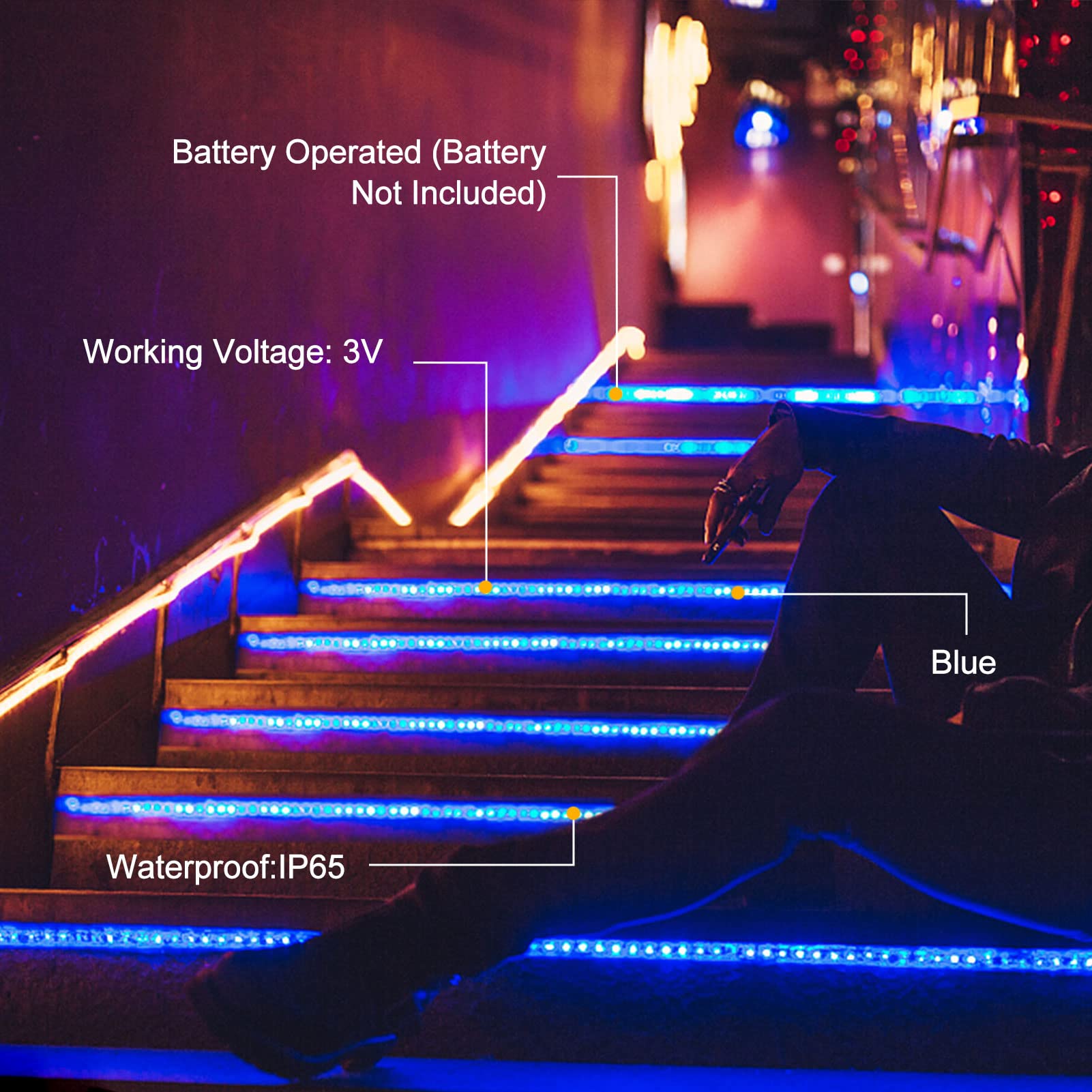 echosari Blue LED Strip Lights, Waterproof, Battery Operated, 8 Modes, Dimmable, 90 LEDs, Self-Adhesive, Indoor/Outdoor Decor