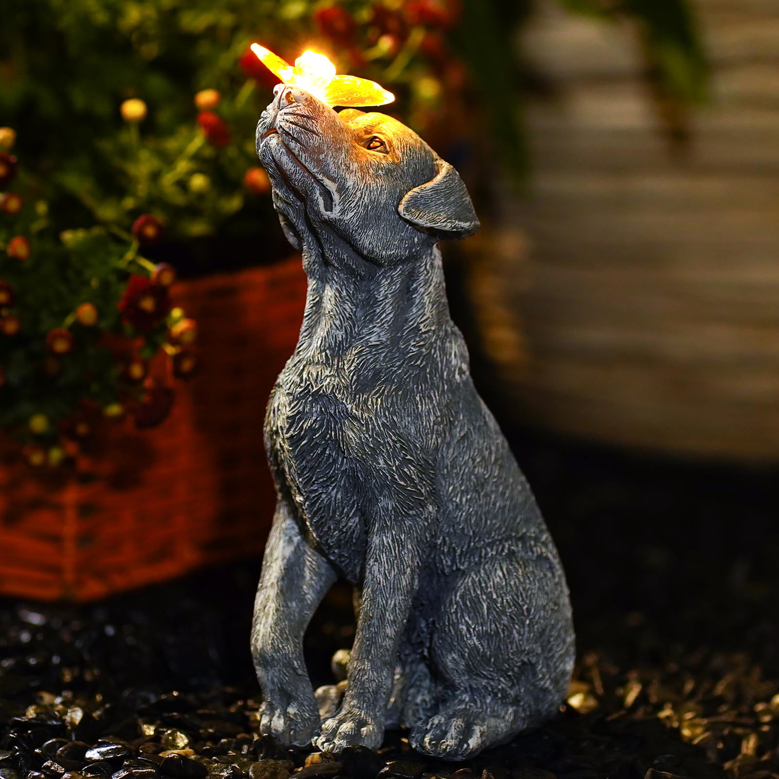 Fashionoda Solar Garden Statue Dog Figurine - Outdoor Decoration with Butterfly for Garden Yard Lawn Home Decor Outside : Unique