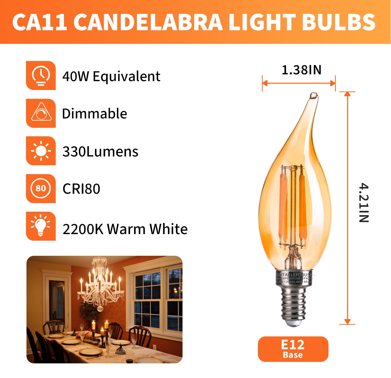 ALAMPEVER CA11 LED Chandelier Light Bulbs, 40W Equivalent, Dimmable, 2200K Warm White, 330LM, Amber Glass, 12 Pack