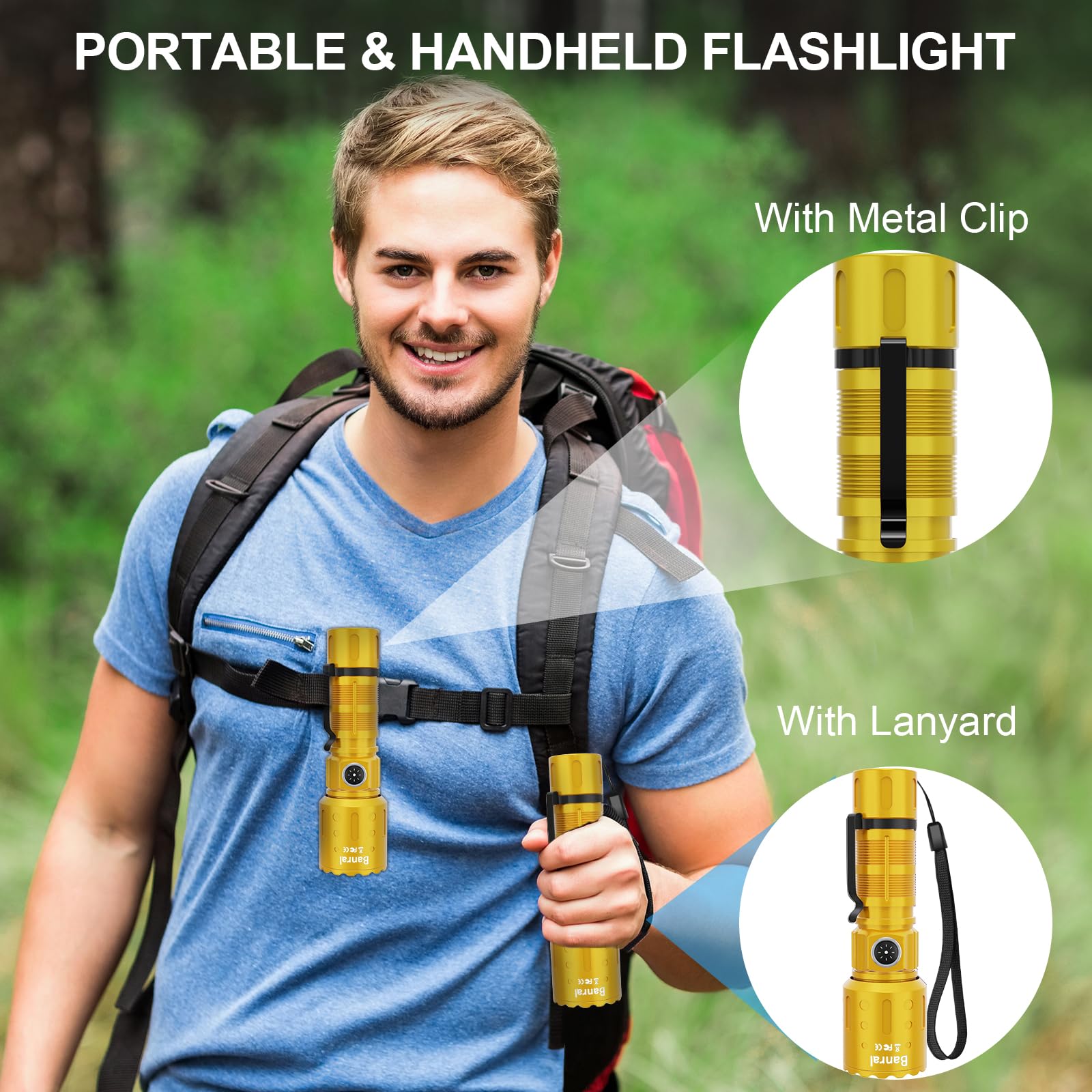 Banral High Lumens Rechargeable Flashlight, 1500m Range, 6 Modes, Waterproof, Aluminum, Yellow Gold, Model K-2316-B