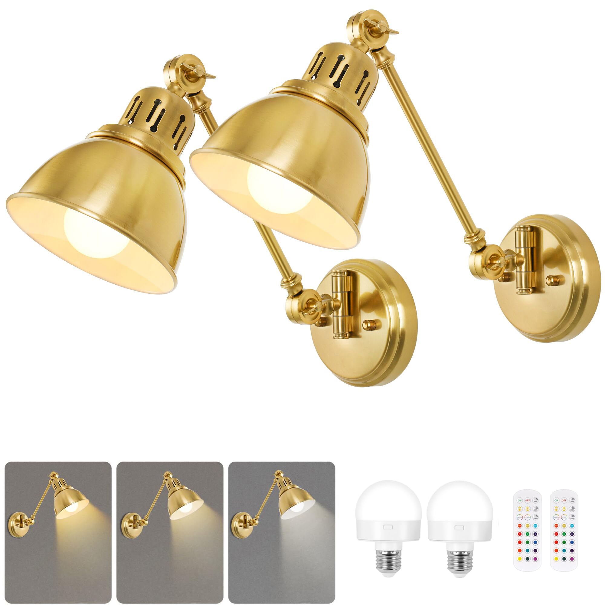 GOODATE Battery Operated Wall Sconces, Gold Vintage Wireless Lights, Rechargeable, Remote Control, 15 Color Modes, Model LK-2P-DC