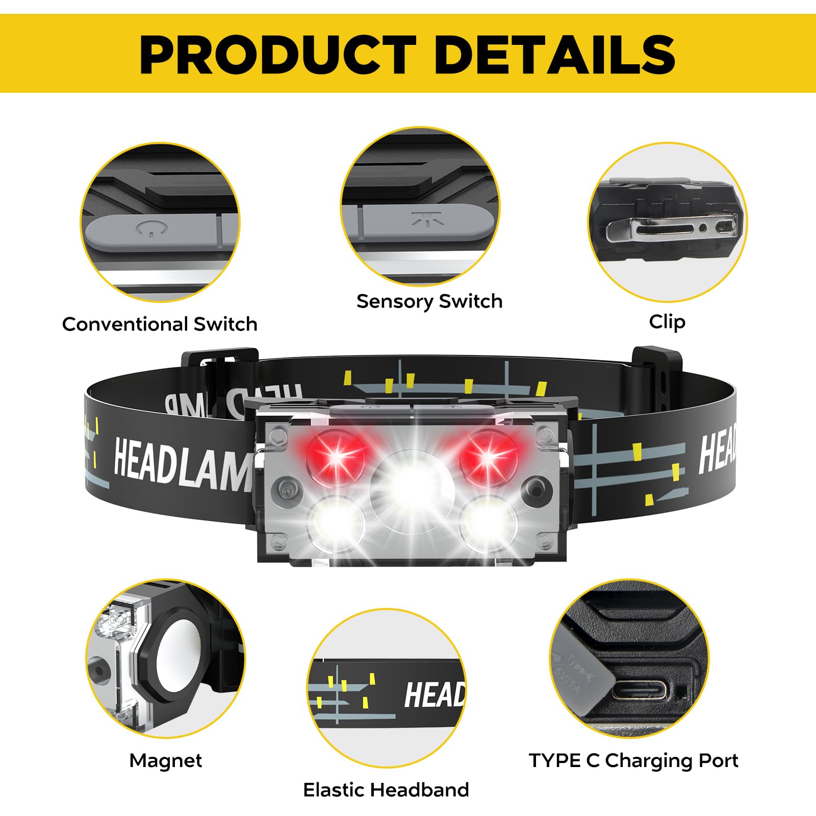Dawinsie Headlamp Led Rechargeable (2 Pcs), Head Lamp With Motion Sensor, 6 Modes Waterproof Head Light Flashlight For Hiking, R