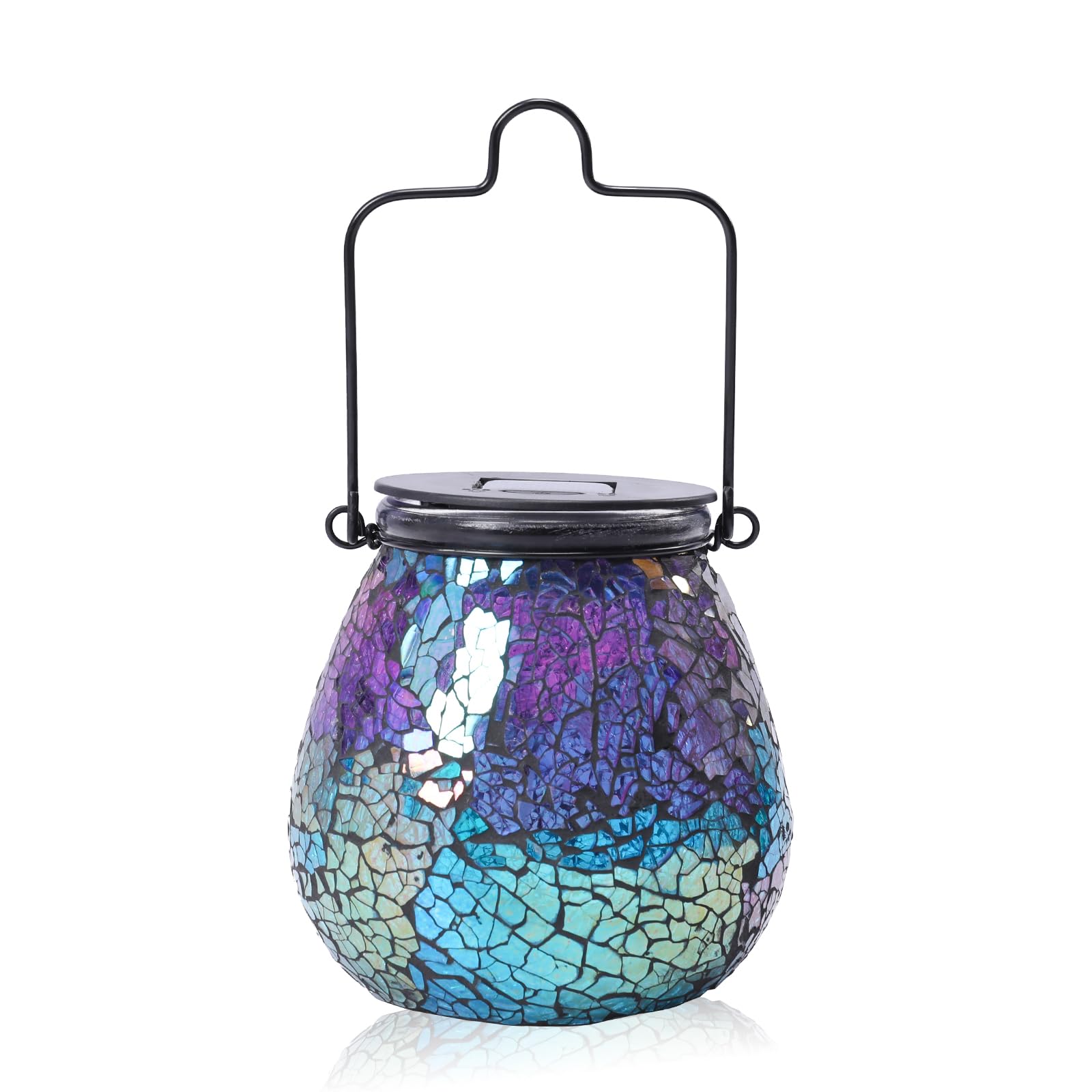 Bshine Mosaic Solar Lantern Outdoor Hanging Waterproof, Colourful Glass Purple Lantern Valentines Day Indoor Decor Table, Garde