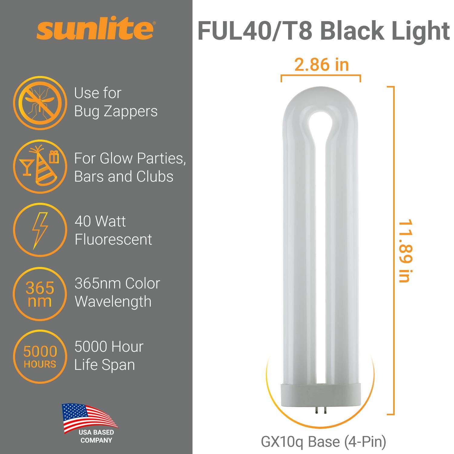 Sunlite T10 Fluorescent U-Shaped Light Bulb, 40W, GX10q 4-Pin Base, Blacklight, 5 Pack, 5,000 Hour Life Span