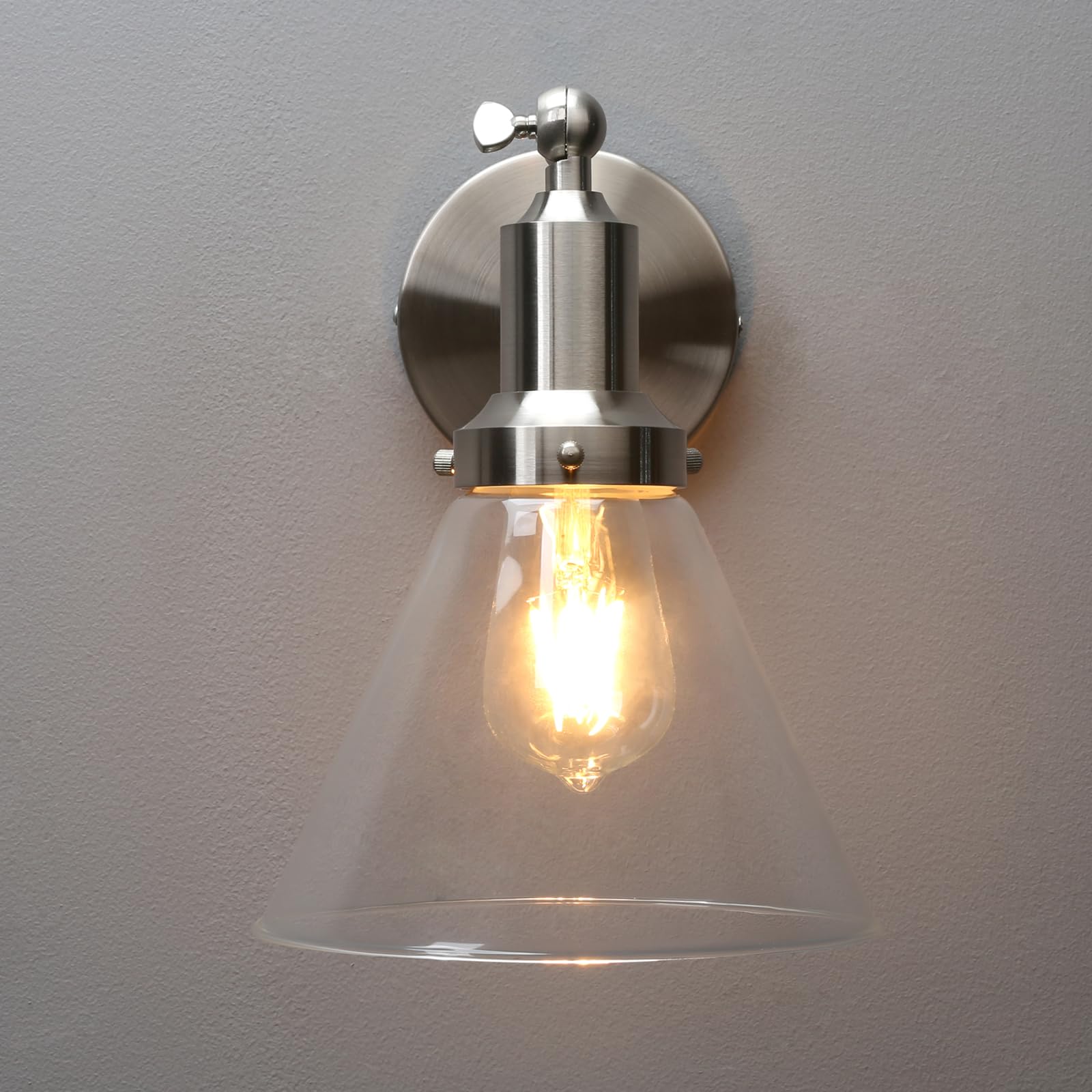 PERMO Industrial Vintage Wall Sconce Light Fixture, Funnel Flared Clear Glass Shade, Brushed Metal, Model Y410, 1-Light Hardwired