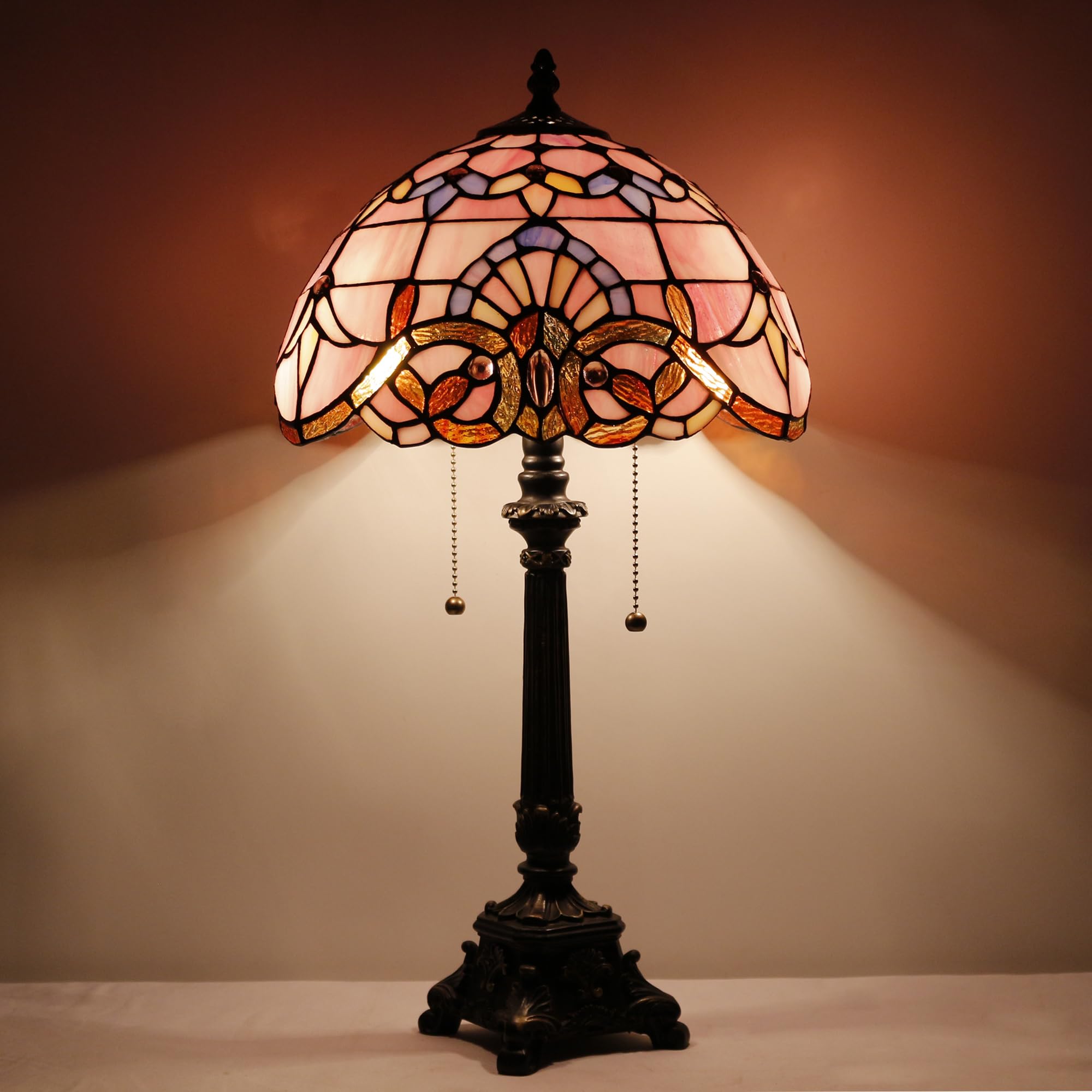 L-Juicwe Tiffany Table Lamp Pink Stained Glass Desk Lamp 12X12X21 Inches Baroque Style Reading Light