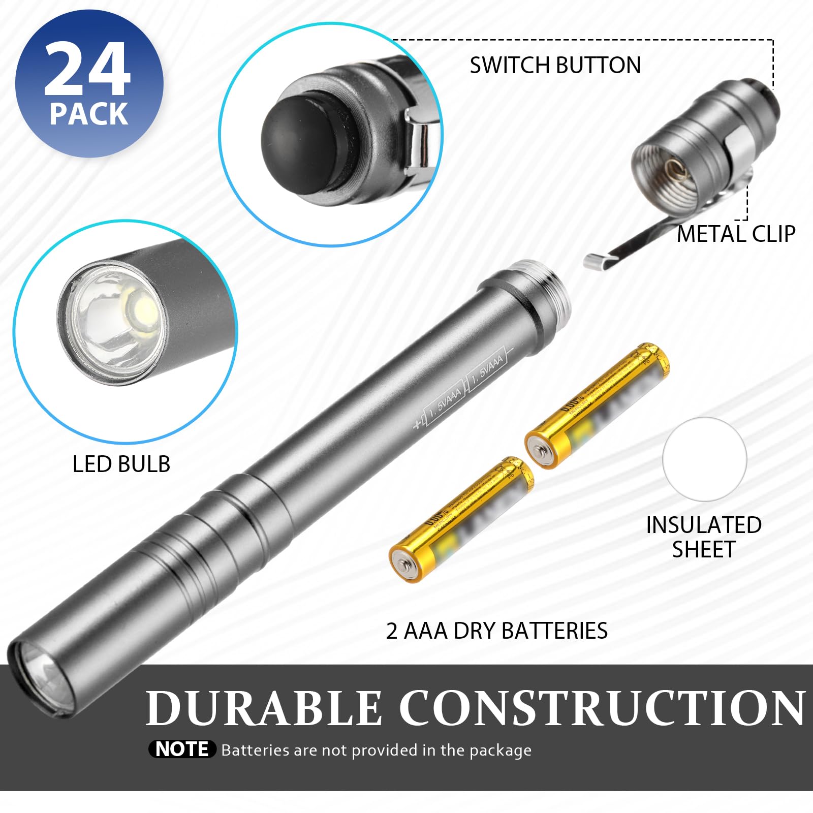 Rossesay Mini Pen Flashlights 24 Pack LED Aluminum Pocket Lights Silver Gray Model XUU-Rossesay-2655