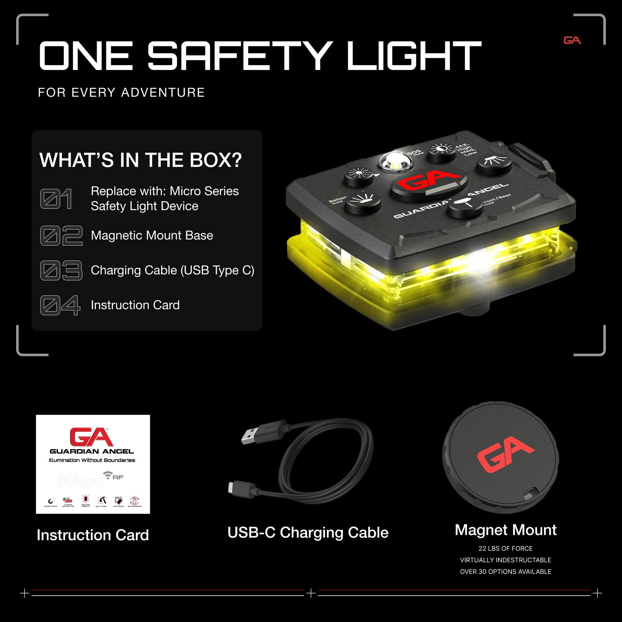 Guardian Angel Micro Series Safety Lights, Beacon Device (Yellow Front & Yellow Rear) |Rechargeable & Hands-Free Wearable LED Li