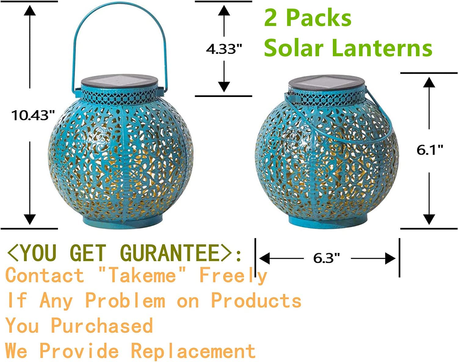 TAKE ME Solar Lanterns Outdoor Lights Waterproof Metal Garden Lanterns Set of 2 Blue Model CKDD69