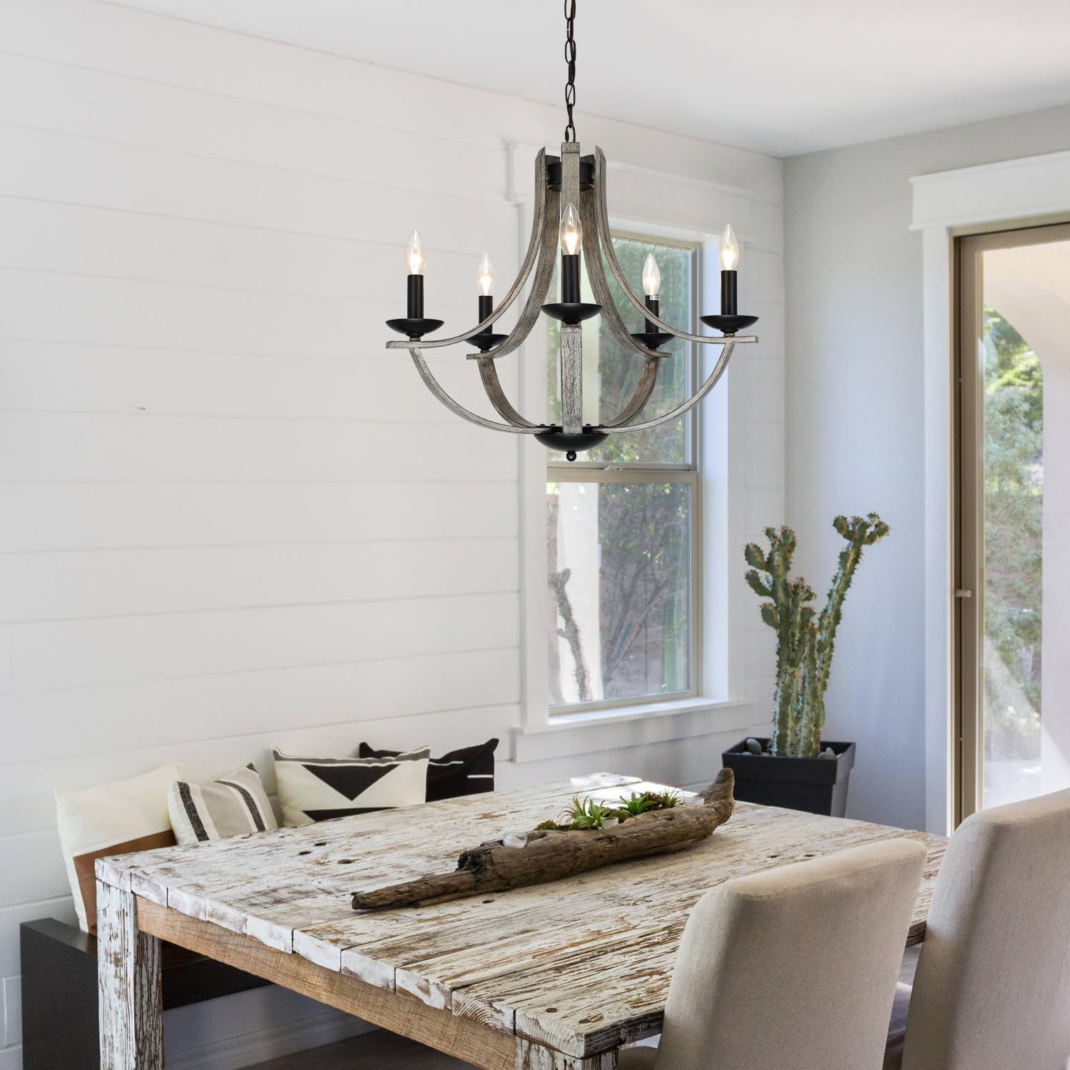 Lampkeduo Rustic Chandeliers For Dining Room Light Fixture  5-Light 24 Inch Faux Wood Texture Hanging Lighting Fixtures Farmhouse Candle Chandeliers For Living Room Kitchen Island Foyer Entryway