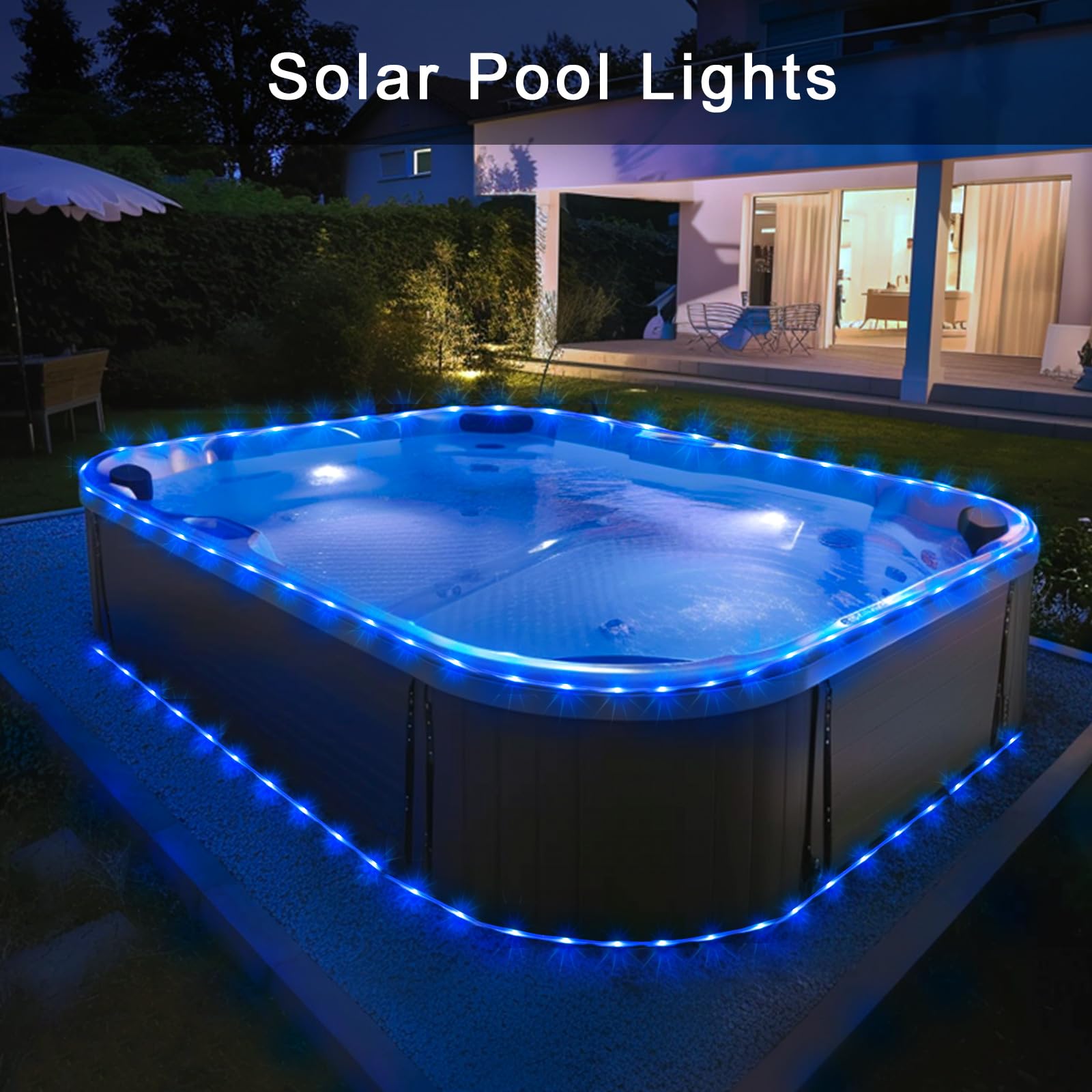 Jmexsuss 200 Led Solar Rope Lights, Ip 65 Waterproof Led Rope Lights Outdoor With 8 Modes, 66Ft Pvc Tube Solar Christmas Fairy Lights For Christmas Trampoline Fence Yard Walkway Path Garden (Blue)