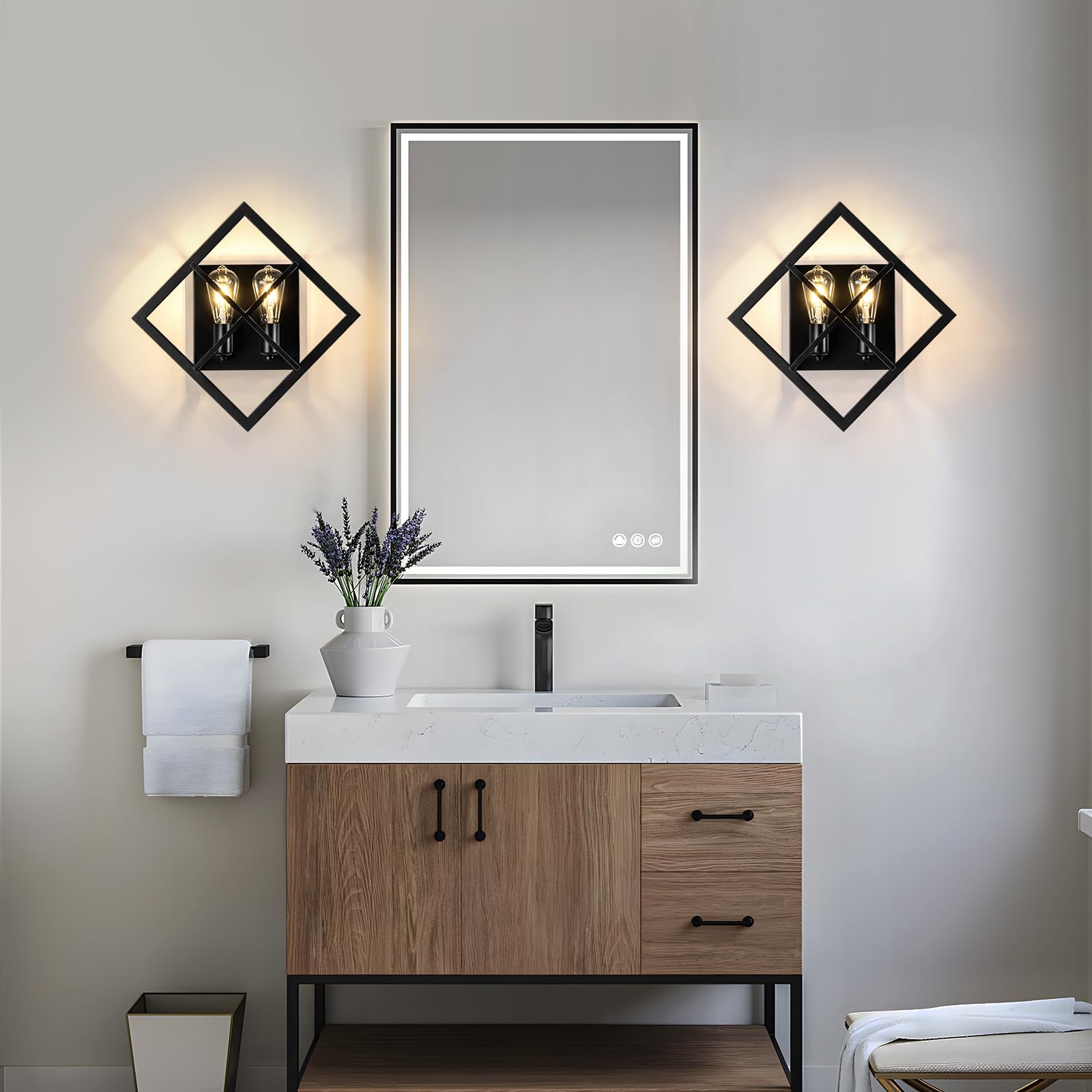 Fengkedu 2 Light Farmhouse Wall Sconces Set Of Two Black Metal Wall Light With Square Cage Hardwired Wall Mount Lamp For Bedroom