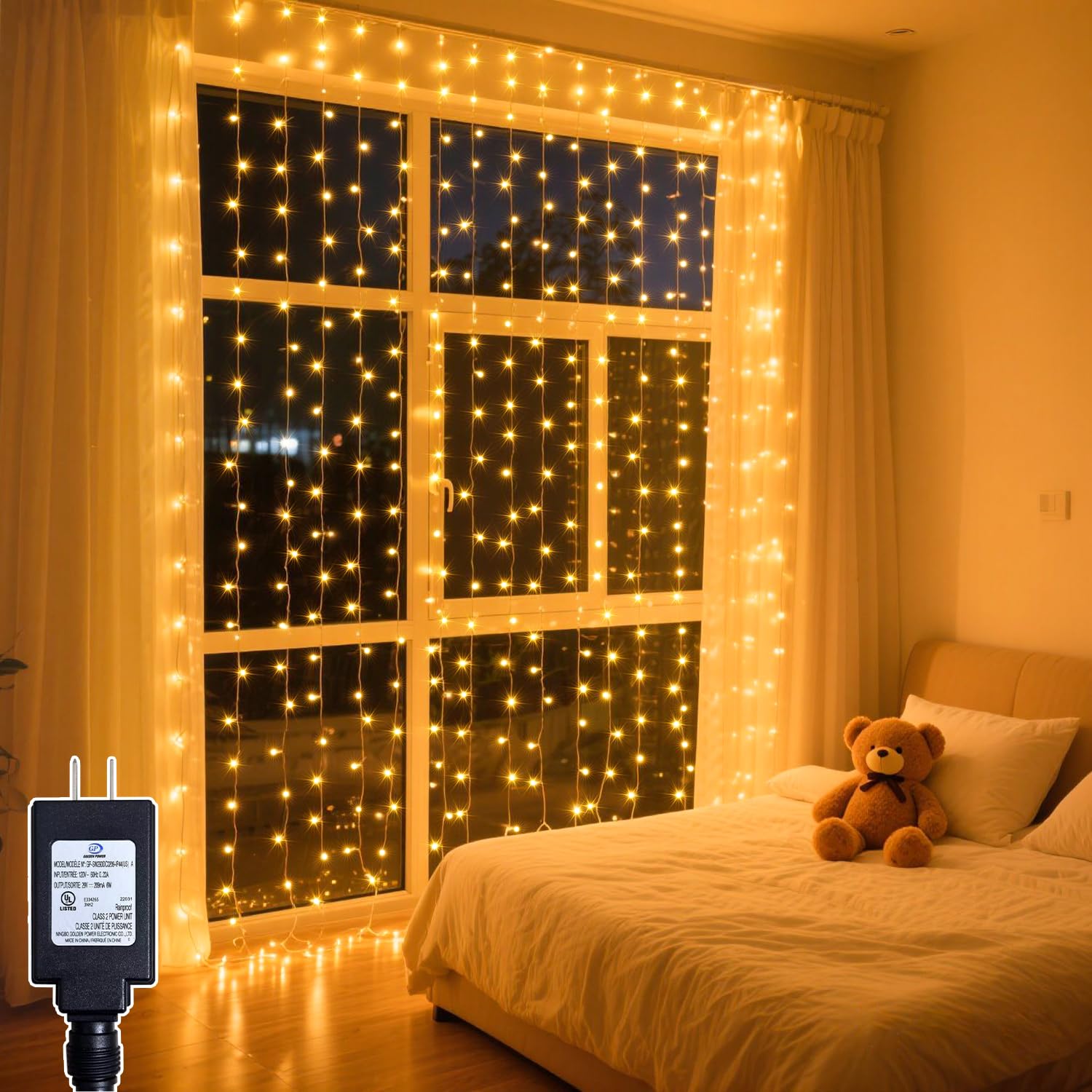 Soagrc 200 LED Curtain String Lights 9.8 * 6.6FT Plug in Fairy with Timer and 8 Modes  Waterproof Window Wall for Bedroom Wedding Party Indoor Outdoor Christmas Decor
