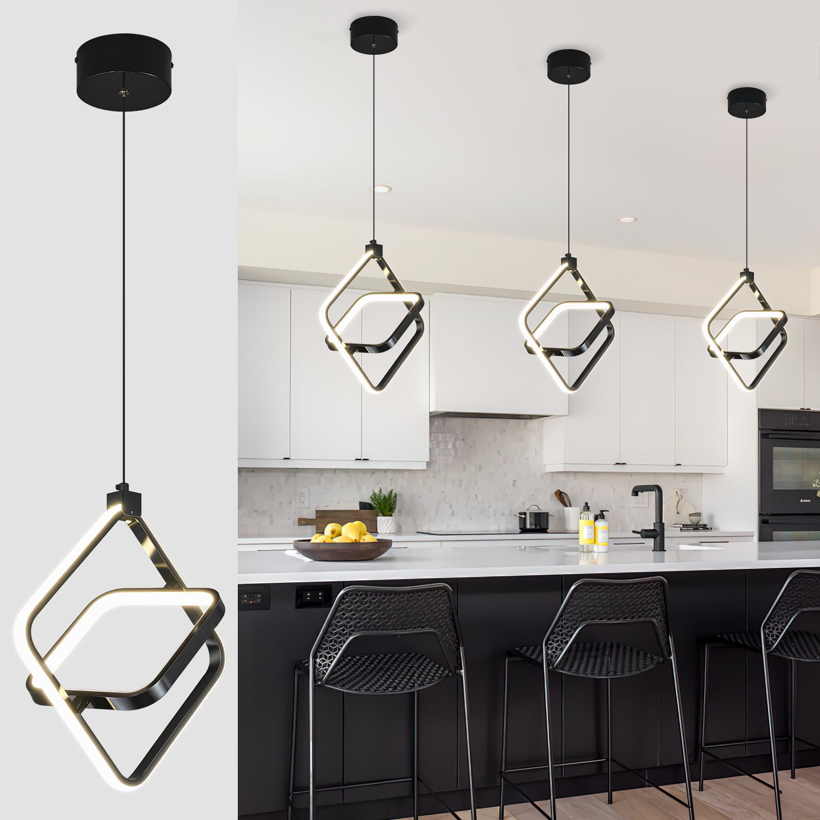 Bnhhlz Modern Led Pendant Lights Plated Black Rectangular Pendant Light Fixtures 4000K 20W Dimmable Pendant Lighting For Dining Room Kitchen Island Bedroom Living Room Foyer(3-Pack)