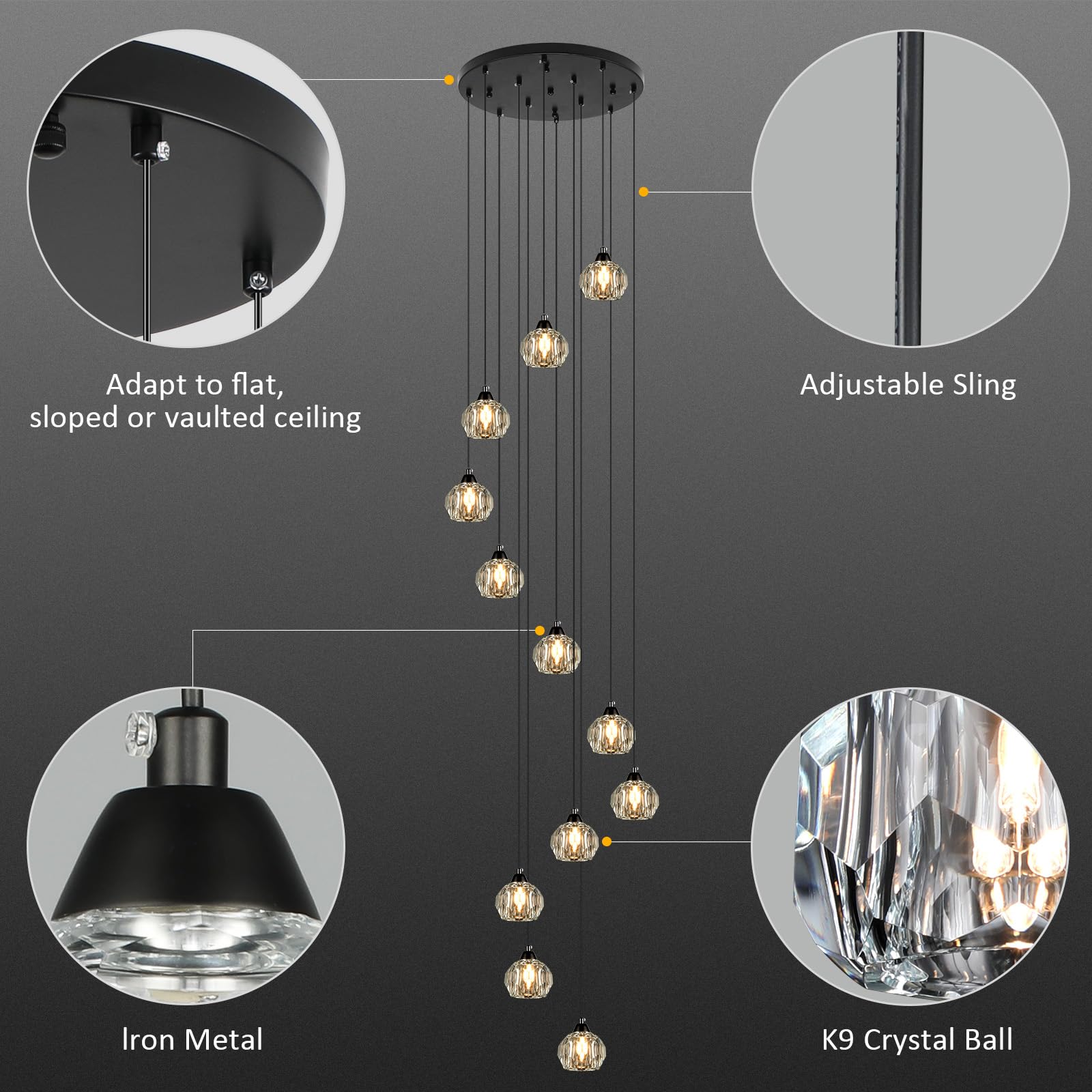 Weesalife 12-Light Black Crystal Chandelier, Model 8817-12C BR, Brass Pendant Light for High Ceilings, Living Room, Kitchen, Hallway