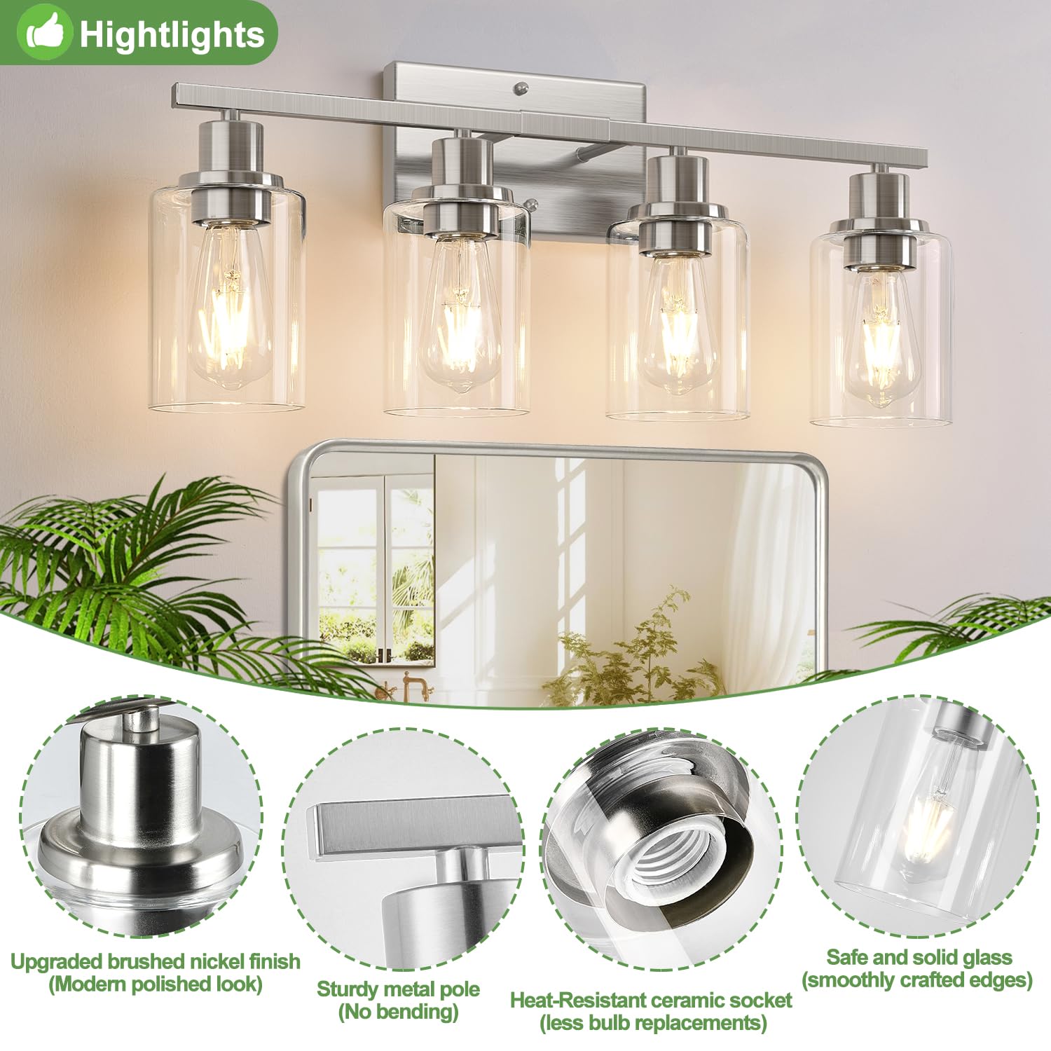 Indoi 4-Light Bathroom Light Fixtures, Brushed Nickel Vanity Lights With Clear Glass Shades, Modern Bathroom Wall Lamp For Mirro