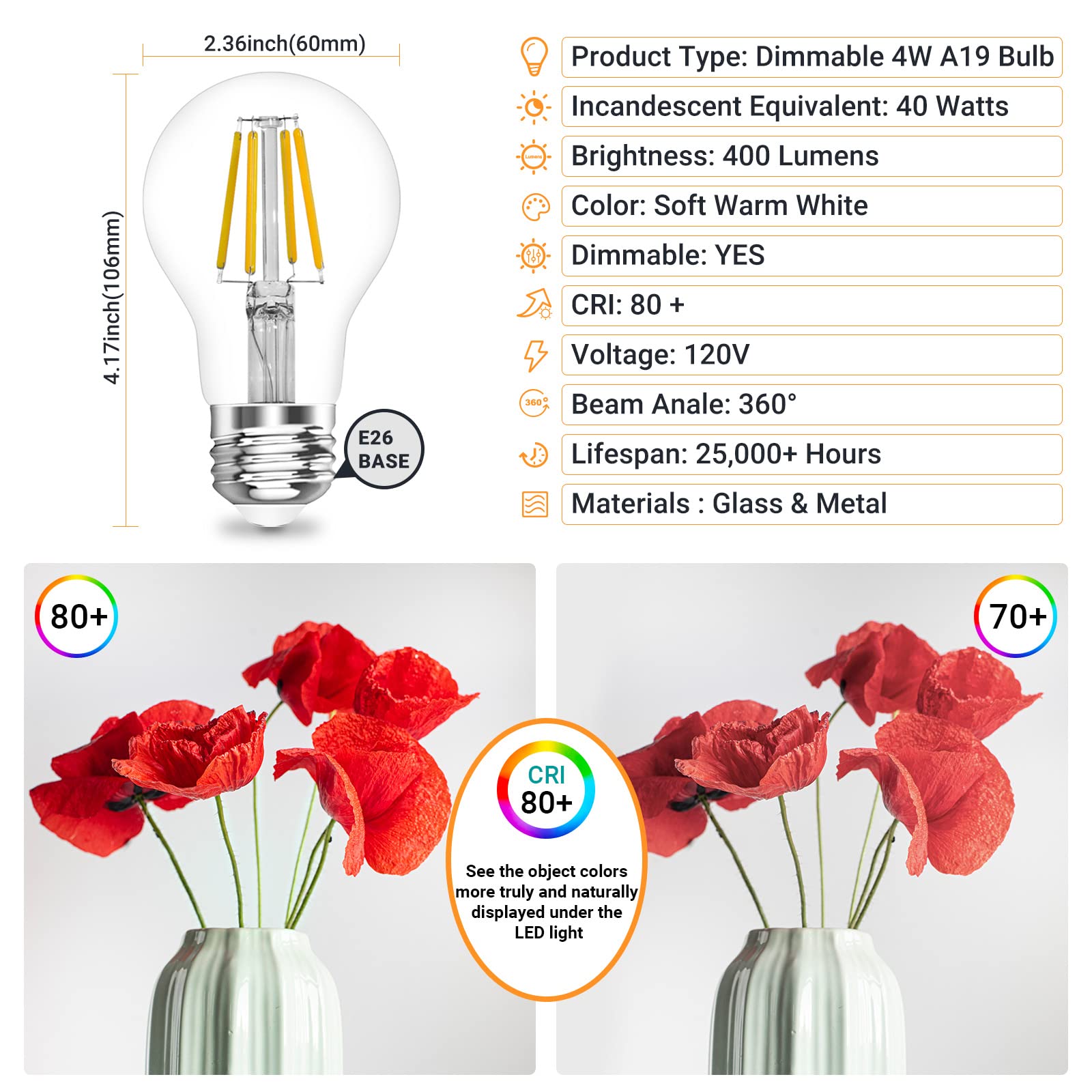 Qingmiao Dimmable Edison Led Bulbs, 4W (40W Equivalent), 3000K Soft White, Vintage