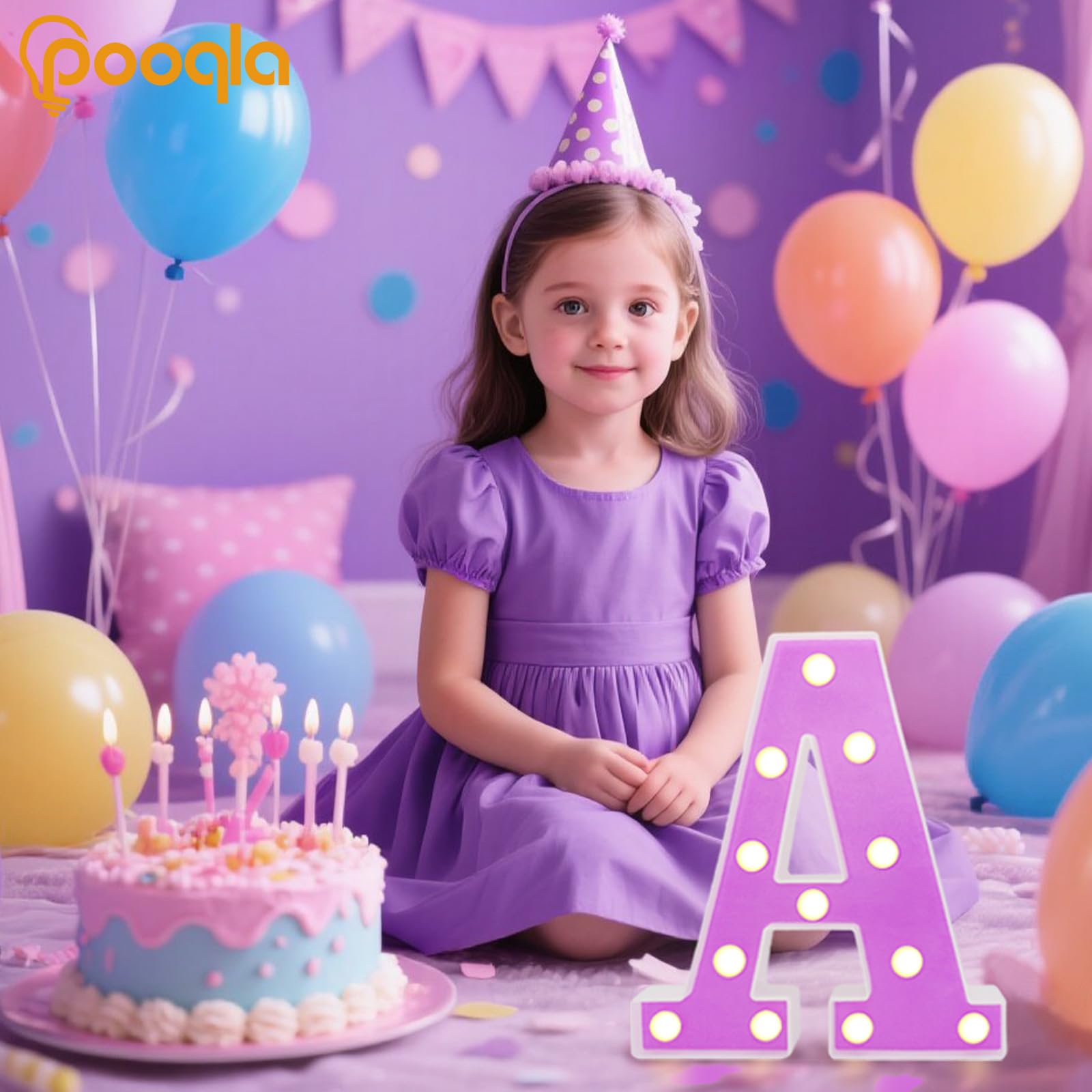 Pooqla LED Letter Lights - Purple Alphabet Sign, Colorful DIY Night Light, Warm White LED for Parties and Weddings