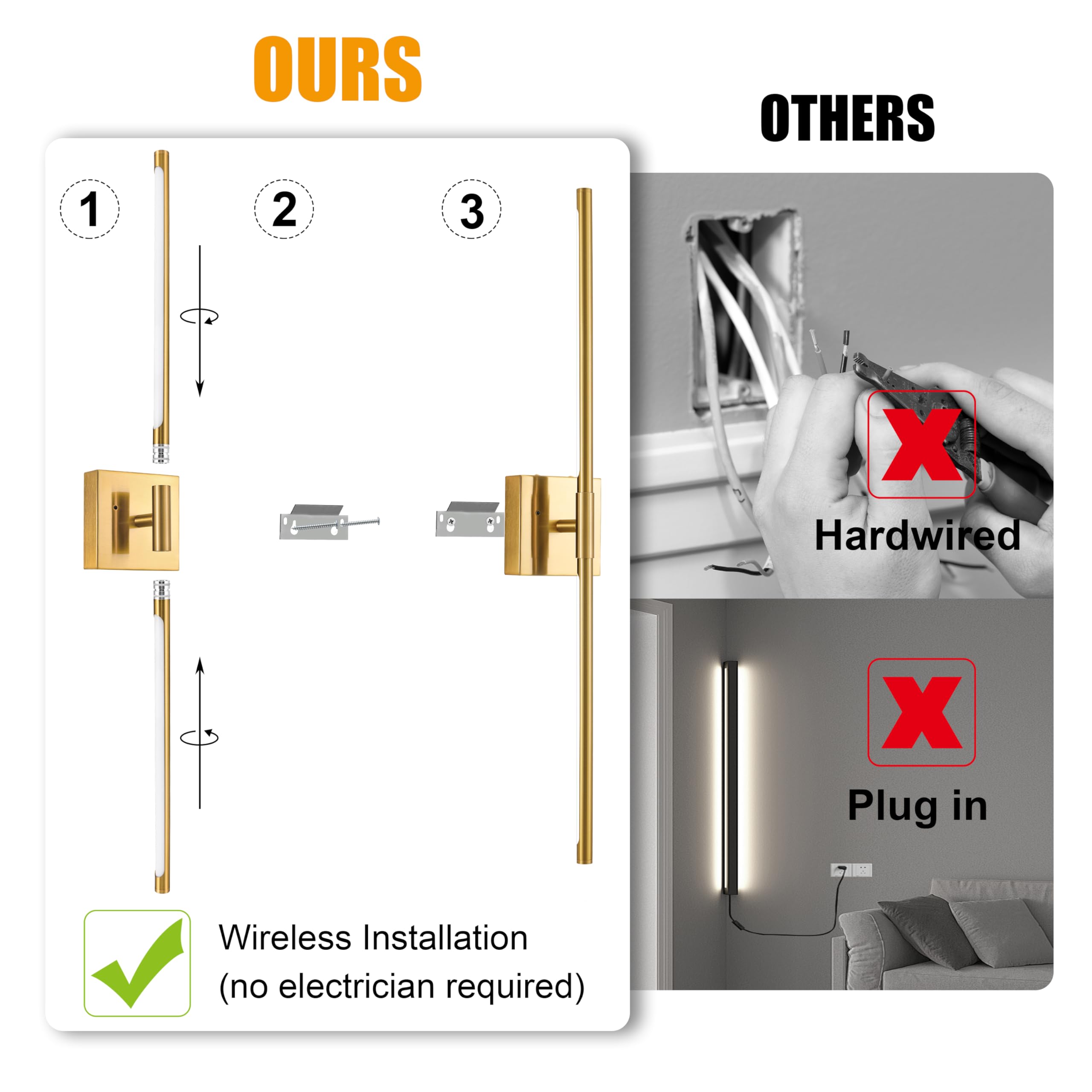 Morauroral Gold Battery Operated Wall Sconces, Dimmable Wall Sconces With Remote Control, Rechargeable Sconces Wall Lighting, 24