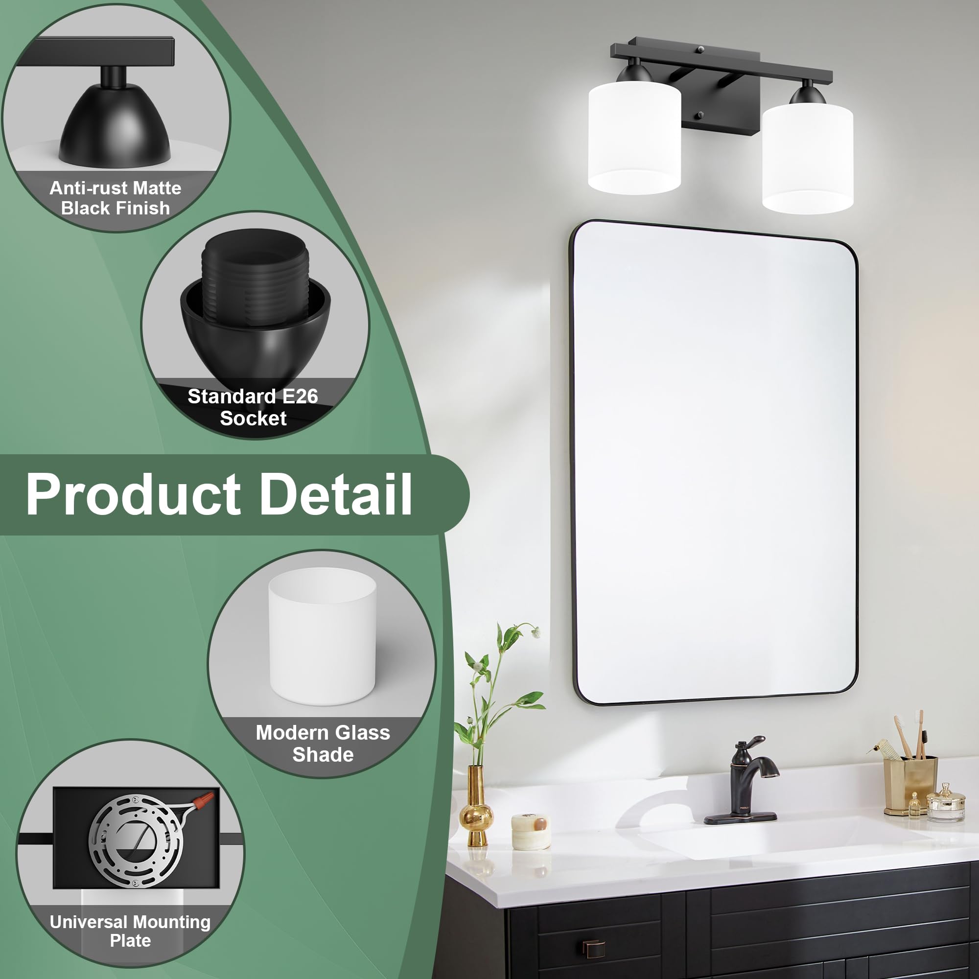 Black Bathroom Lights Over Mirror, Anti-Rust Vanity Light Fixture For Bathroom, Modern 2-Light Wall Sconce Light For Living Room