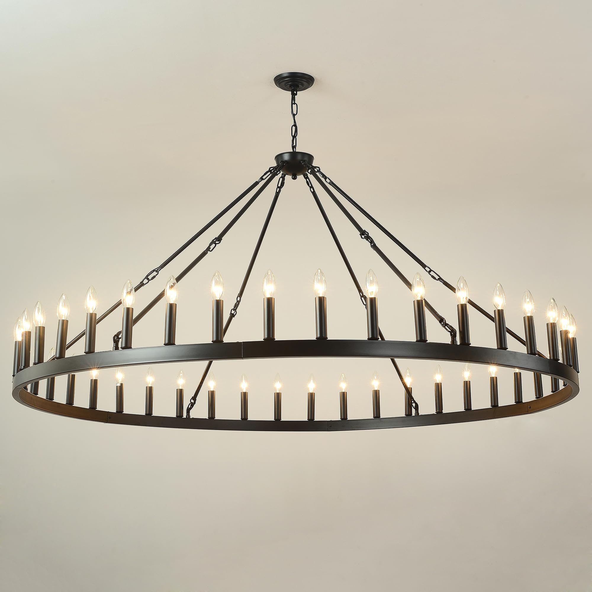 Viksroeo 64 Inch Black Extra Large Wagon Wheel Chandelier, 42-Lights Farmhouse Industrial Round High Ceiling Pendant Light Adjus