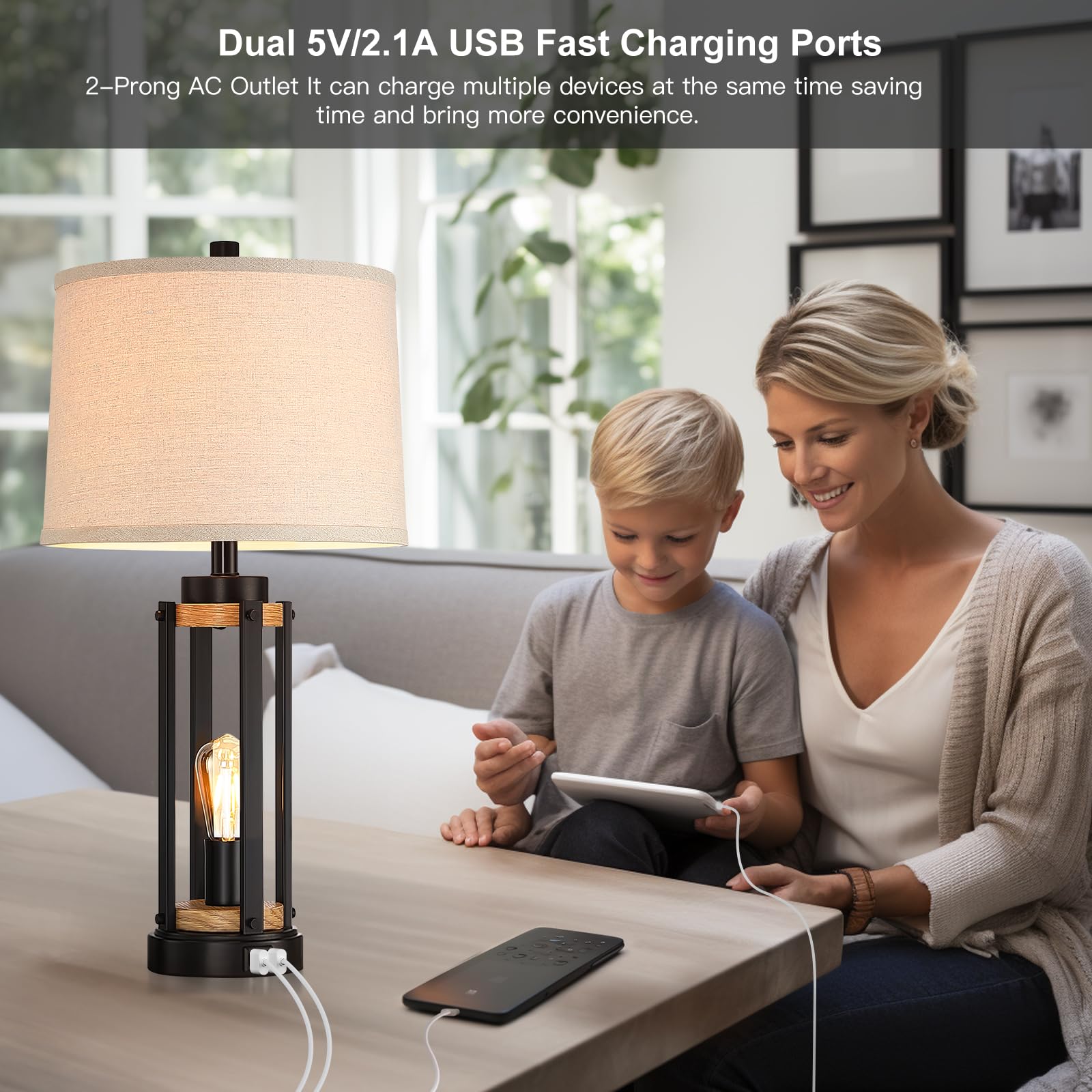 Altgedecor Farmhouse Table Lamps For Living Room Set Of 2, 26    Rustic Beside Lamps With Usb Charging Ports And Night Light, Be