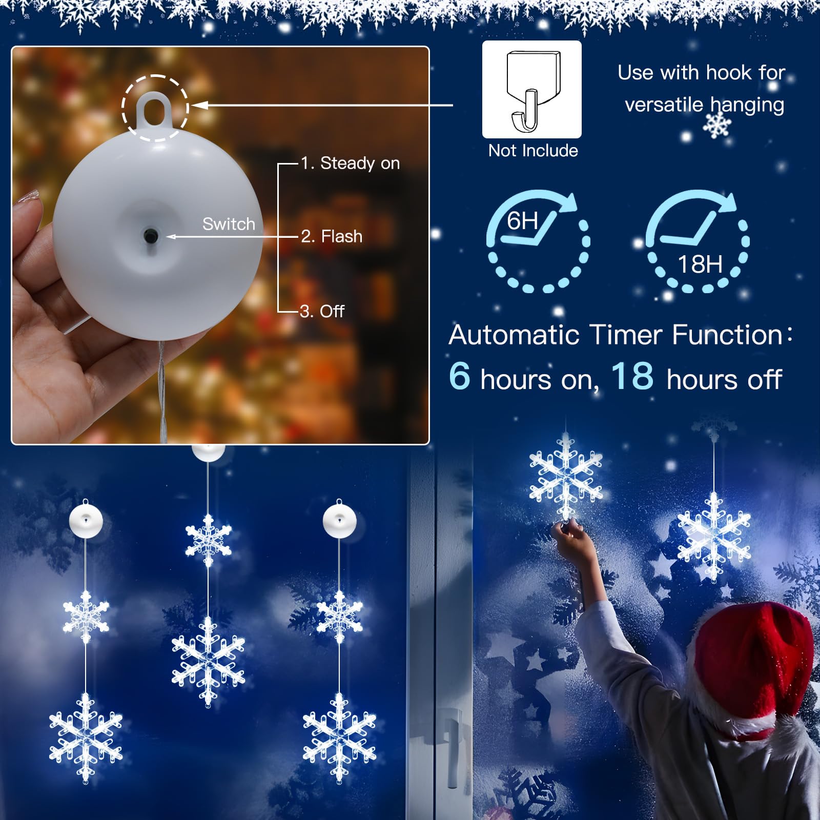 Suddus Christmas Window Lights Decorations, 2Pcs Battery Operated Snowflake Lights With Suction Cup, Timer & 2Modes Hanging Christmas Lights For Tree Indoor, Holiday, Fireplace, Wall, Cool White