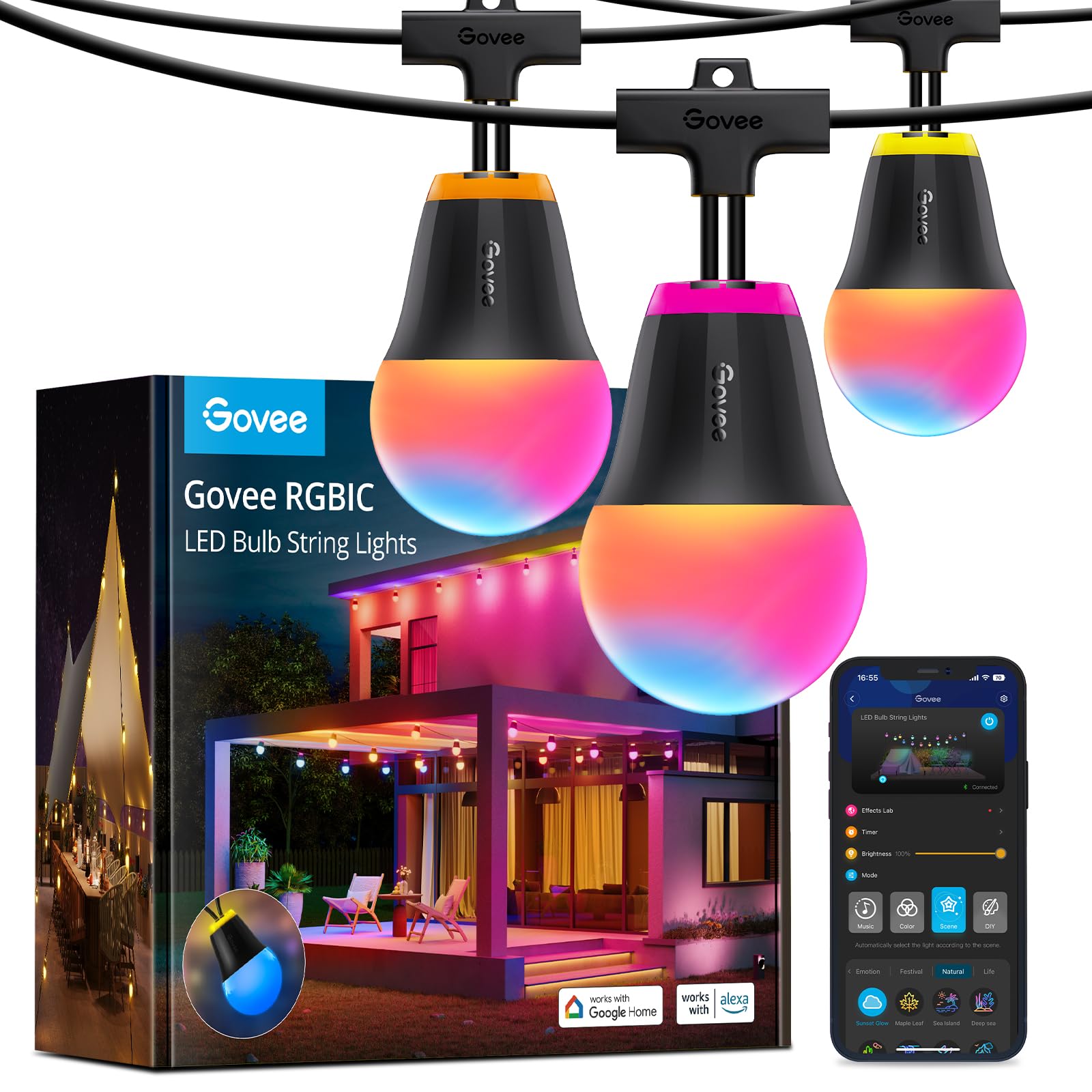 Govee Outdoor String Lights H1, 50ft RGBIC, 15 Dimmable Bulbs, IP65 Waterproof, Multicolor