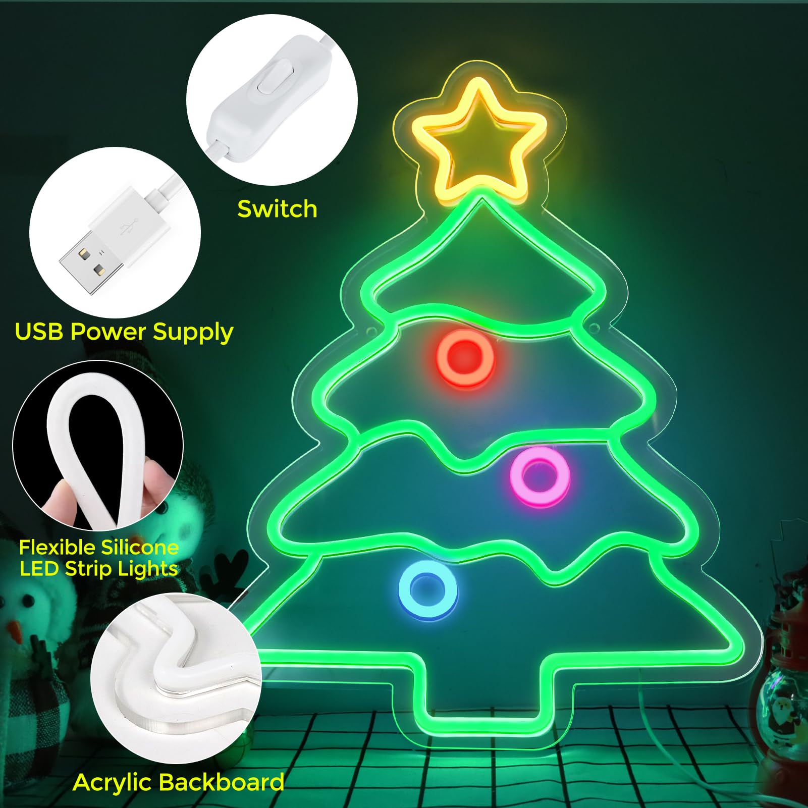 LEDLampsWorld Neon Sign - Christmas Tree Decor, 18.5x14.2 Inch, Acrylic, Multi-Color (Green, Yellow, Red, Purple, Blue)