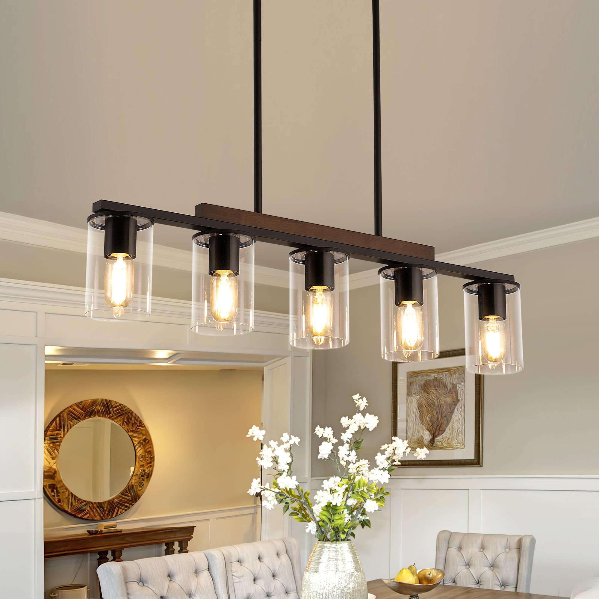 Mecgirn Farmhouse Dining Room Light Fixtures Over Table, Black Pendant Lights For Kitchen Island, 5 Light Linear Chandelier Lighting With Wood