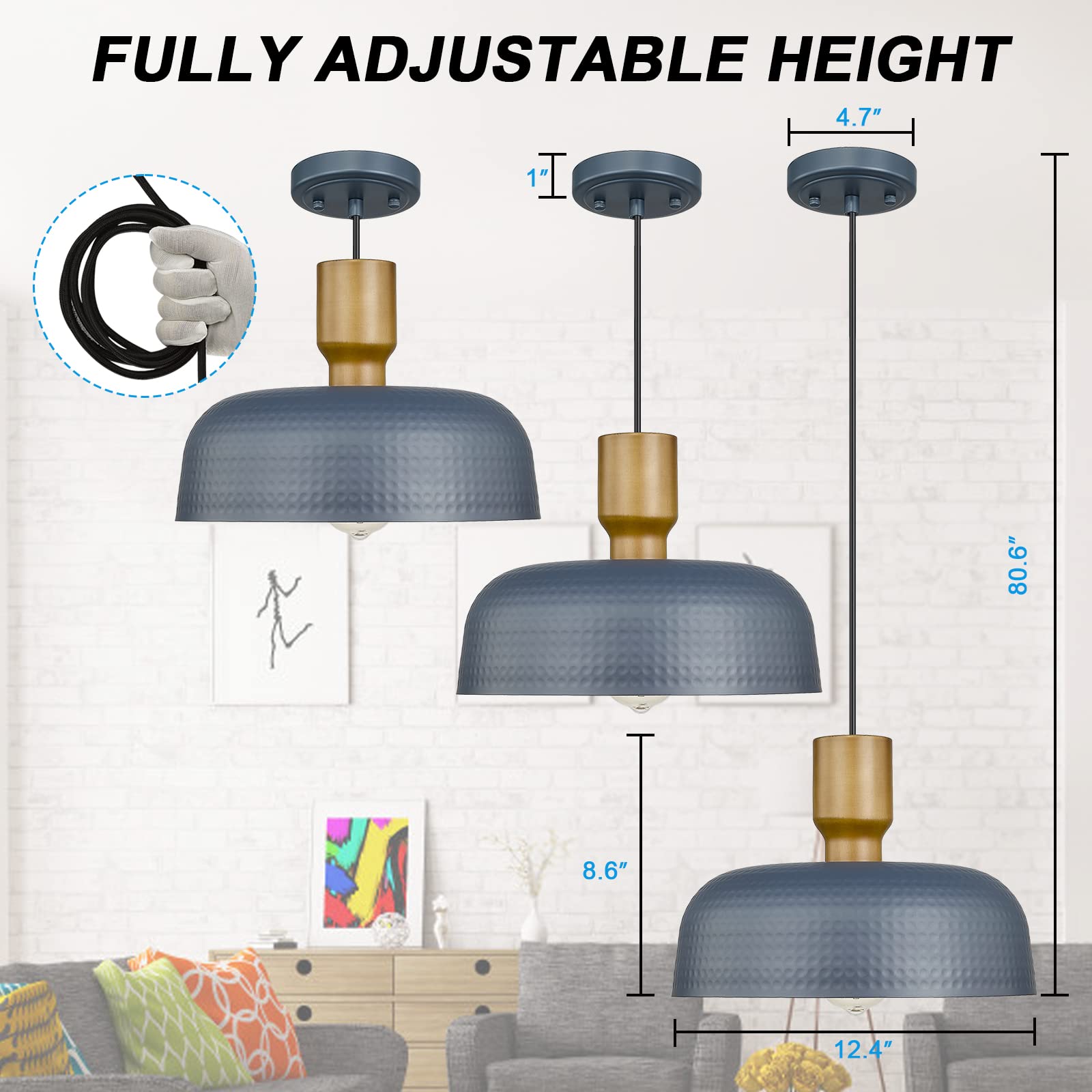 Darkaway Medium Blue Metal Pendant Light Fixture with Hammered Shade, Adjustable Height for Kitchen Island