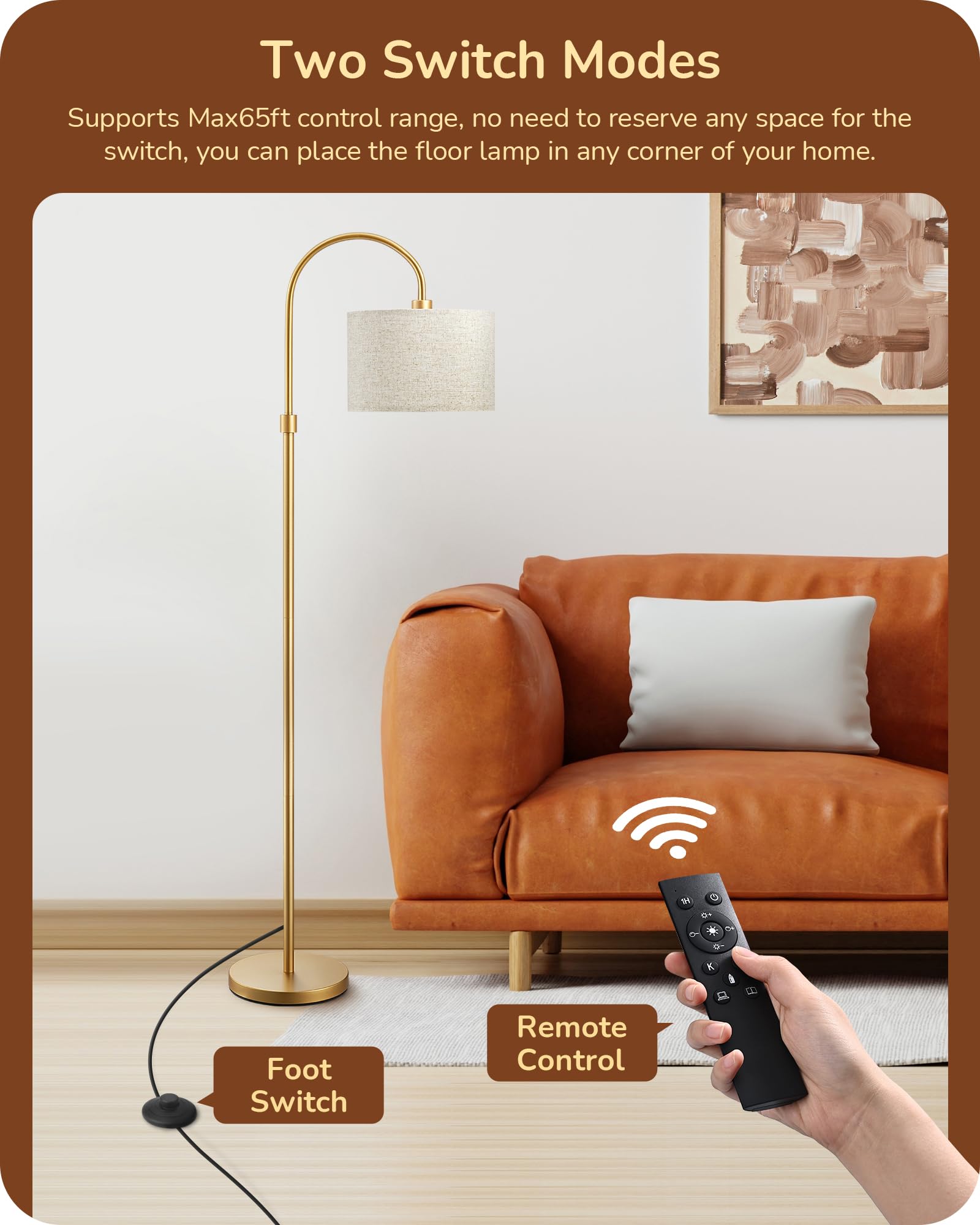 Edishine Modern Arc Floor Lamp With Remote, Dimmable Gold Floor Lamp, 3000K-6500K Color Temperatures, Tall Pole Reading Floor La
