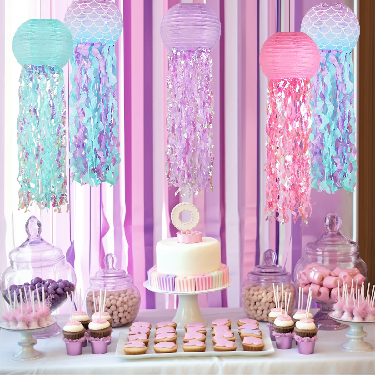 Mermaid Birthday Decorations, Jellyfish Paper Lanterns Pink Lavender Blue Mermaid Scales Hanging Lantern For Mermaid Baby Shower