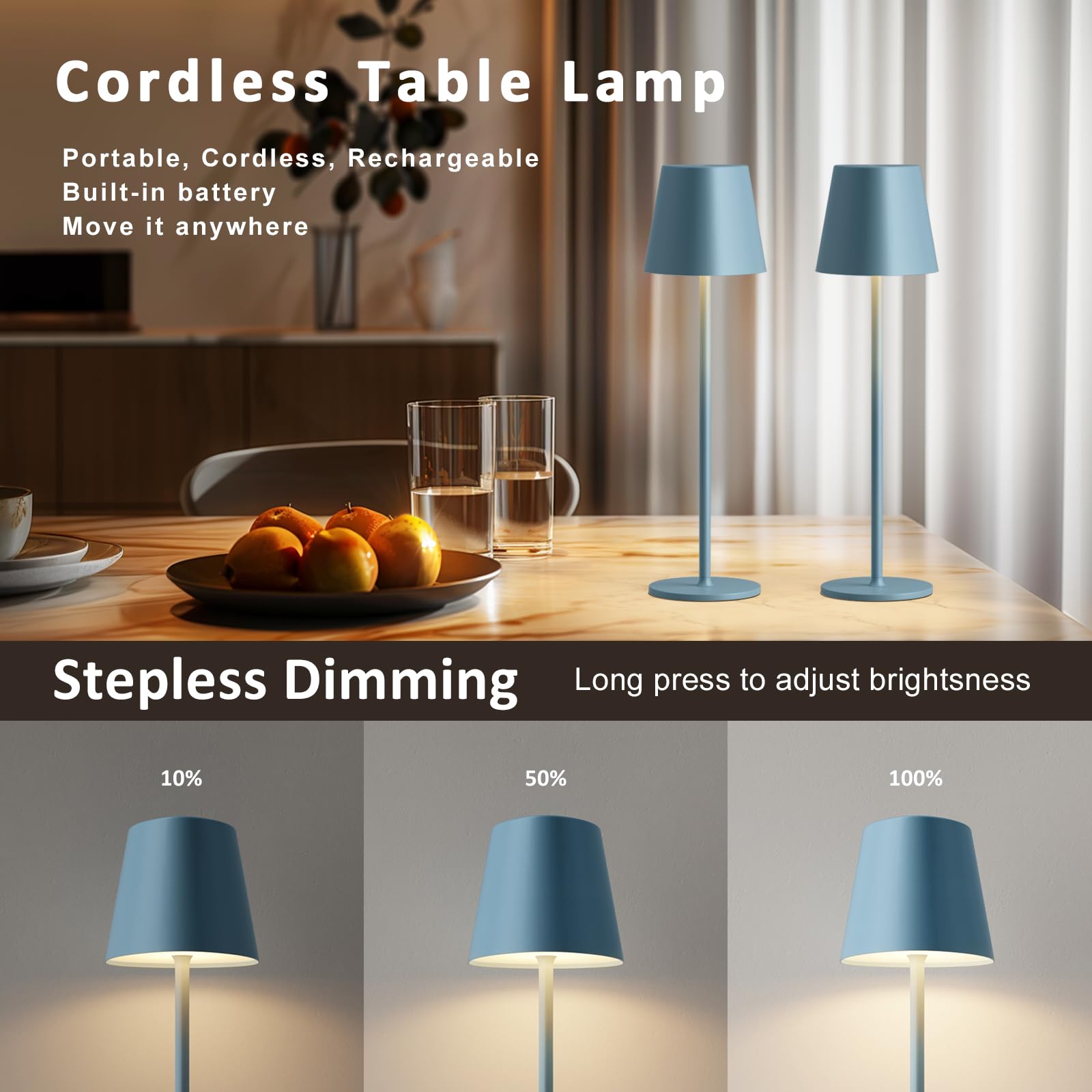 Kakanuo Blue Cordless Lamp, Rechargeable Lamps, Battery Operated, 3 Color Temperature, Stepless Dimmable, Led Portable Wireless