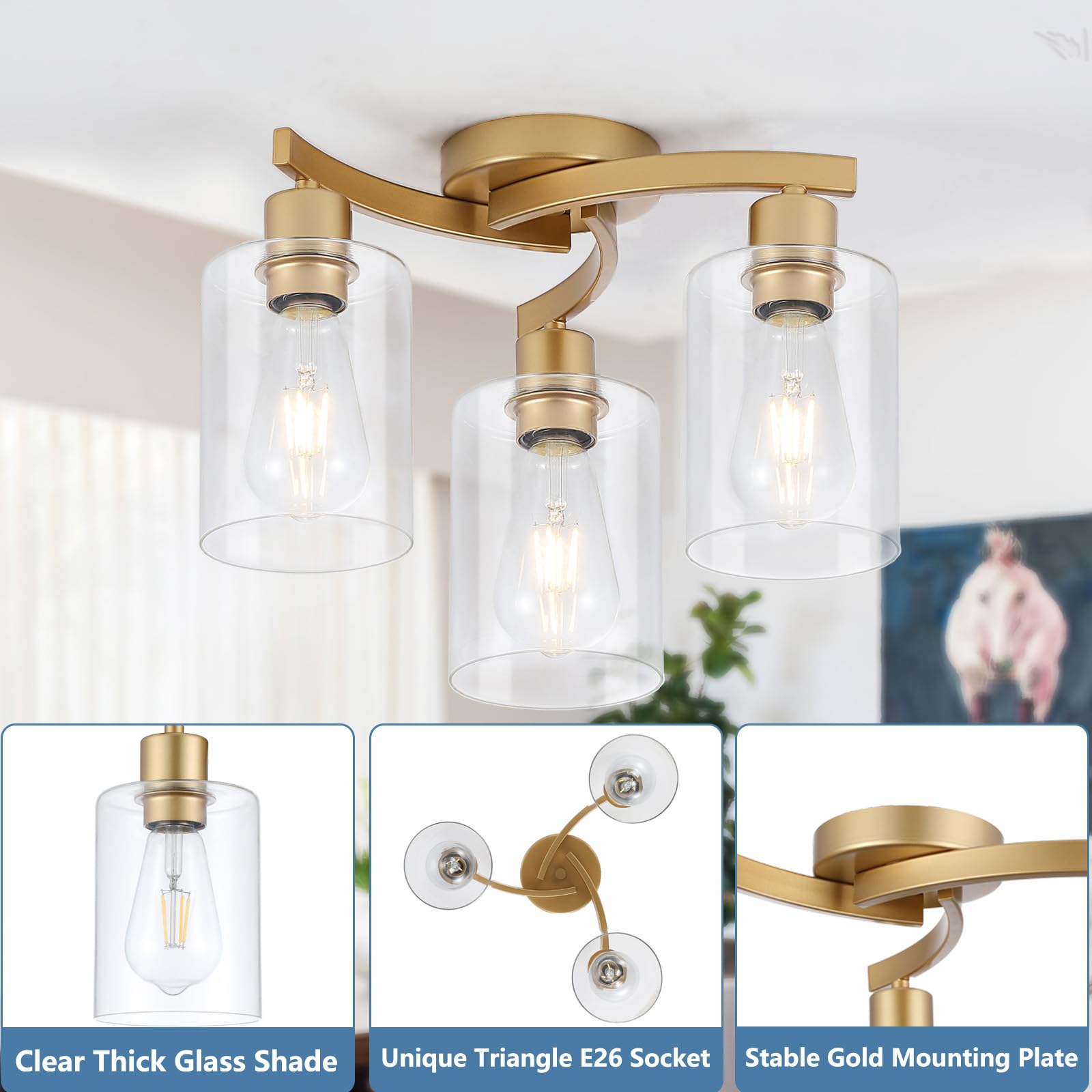 3Wwwuee 3-Light Semi Flush Mount Ceiling Light, Modern Close To Ceiling Light Fixtures With Clear Glass Shades, Gold Light Fixtu