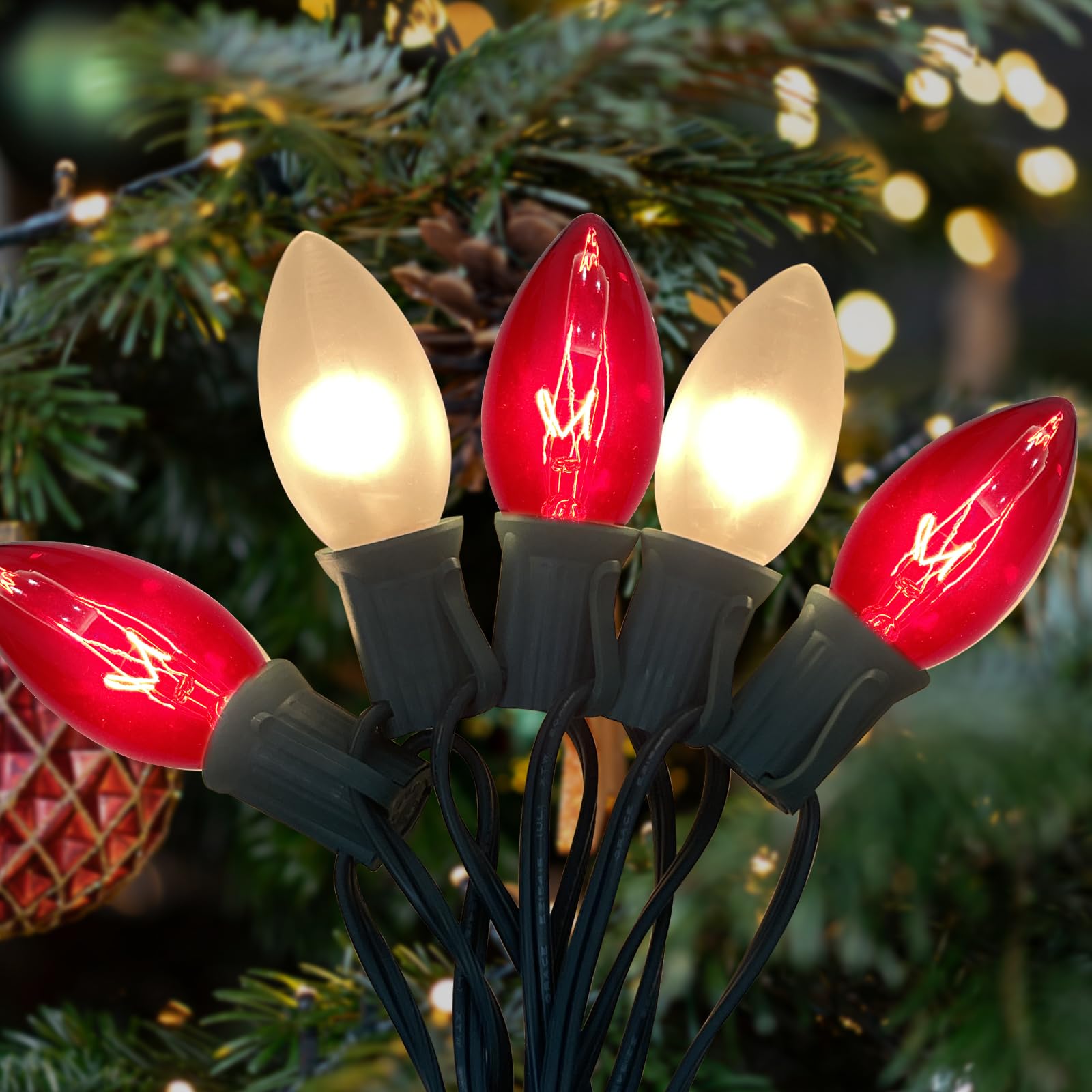 Doratale 25Ft C9 Christmas Lights Outdoor, Vintage Multicolor String Lights with 26 C9 Clear Red/Frosted White Bulbs for Christm