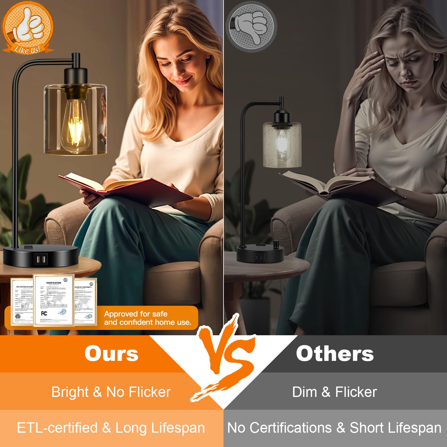 Nintiue Set of 2 Industrial Touch Control Table Lamps, 3-Way Dimmable, Black, Amber Glass Shade, USB Ports & AC Outlet, Model N202108