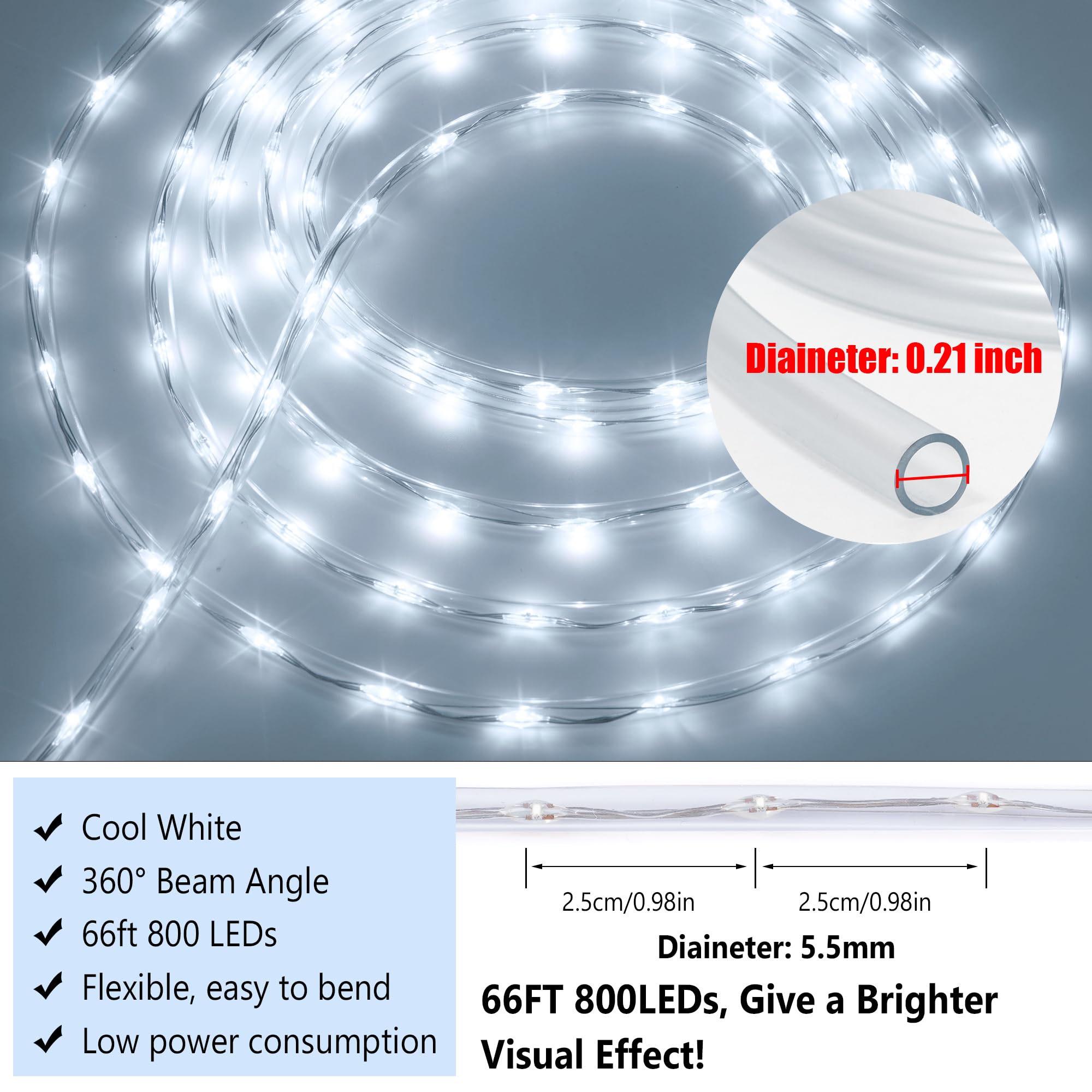 OMIKA Connectable 66ft 800 LED Rope Lights Outdoor, Cool White, Waterproof, Model DY-OA08-20