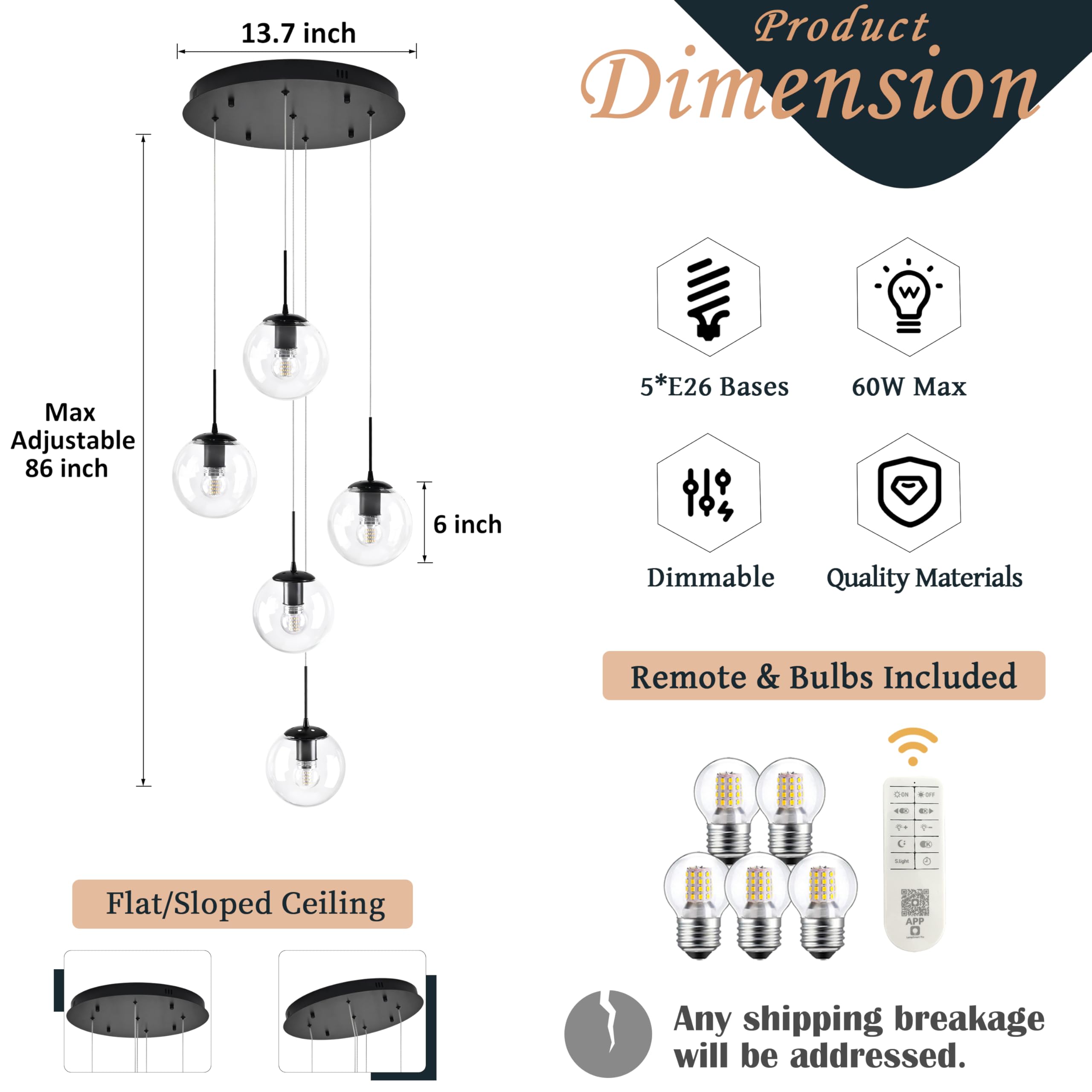 Koko&Yukina 5-Light Globe Glass Pendant Light Adjustable Length Pendant Lights Modern Black Clear Globe Glass Chandelier High Ce