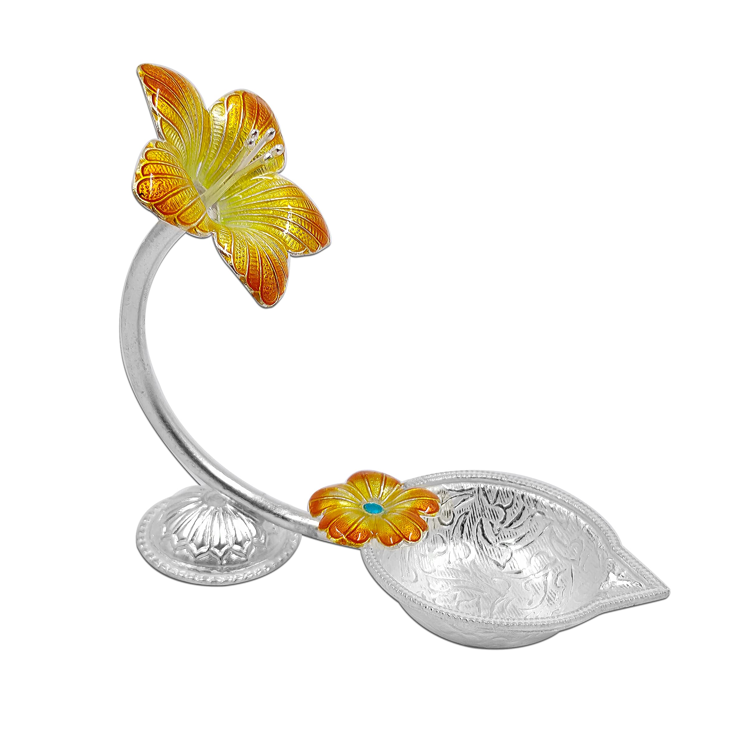 MAA SILVER Pure Silver Diya/Lamp/Deepak with Yellow Hibiscus/Jaswanti Flower Design Perfect for Gift and Pooja Use (65 Purity)(3