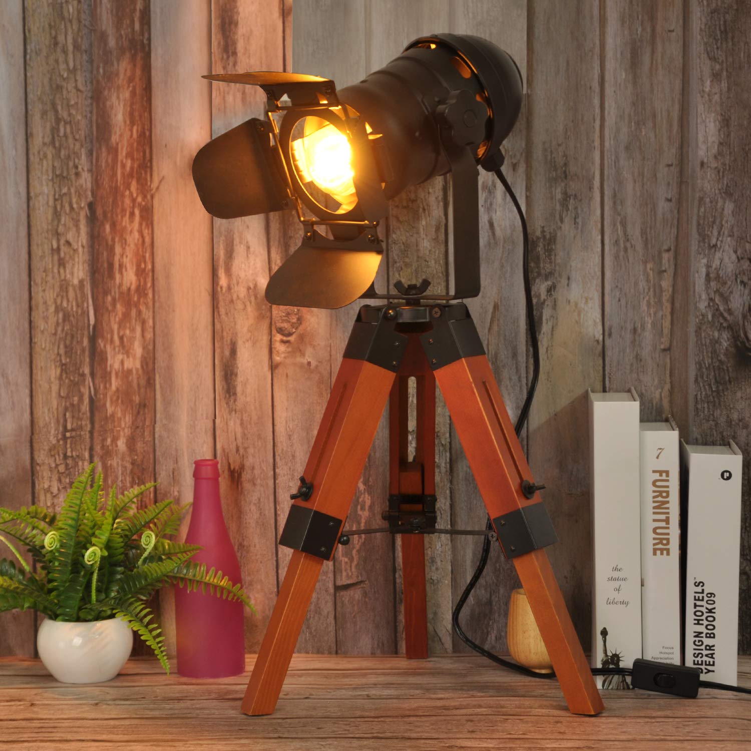 Lustorm 1 Industrial Tripod Wood Table Lamp For Bedside, Farmhouse Adjustable Height Retro Desk Lamp For Living Room Rotataion V