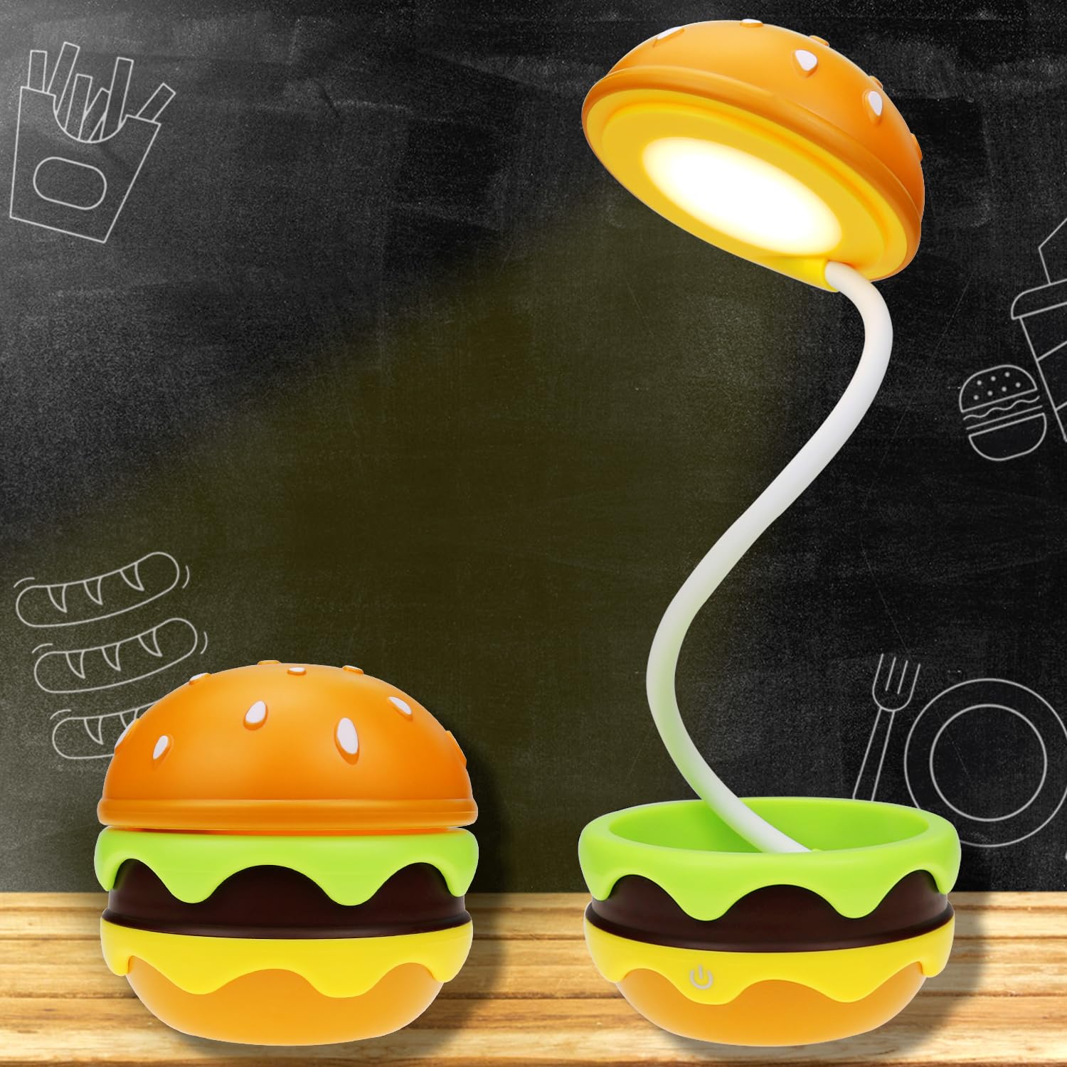 Cute Desk Lamp for Kids, Hamburger Girls Small Desk Lamps Rechargeable with Dimmable Touch Adjustable Neck, Kawaii Desk Lamp Nig