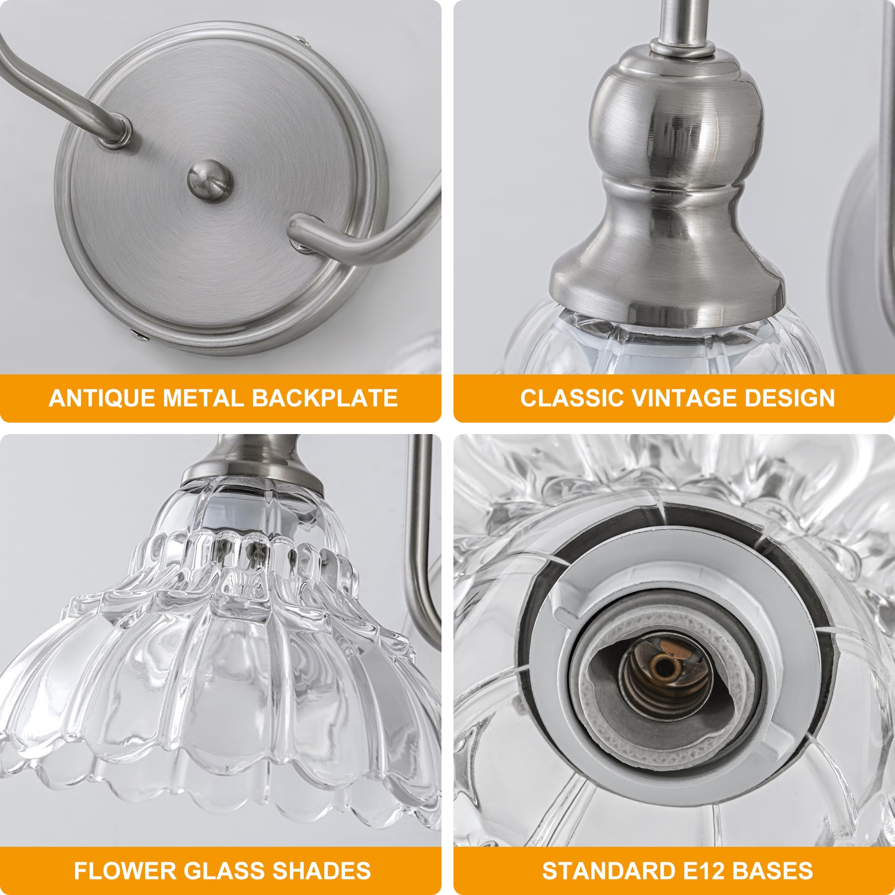 Brknit Vintage Bathroom Light Fixtures Over Mirror  2-Light Brushed Nickel Wall Sconce Lighting With Flower Glass Shade  Farmhouse Vanity Lights For Bedroom Kitchen Living Room Hallway Light