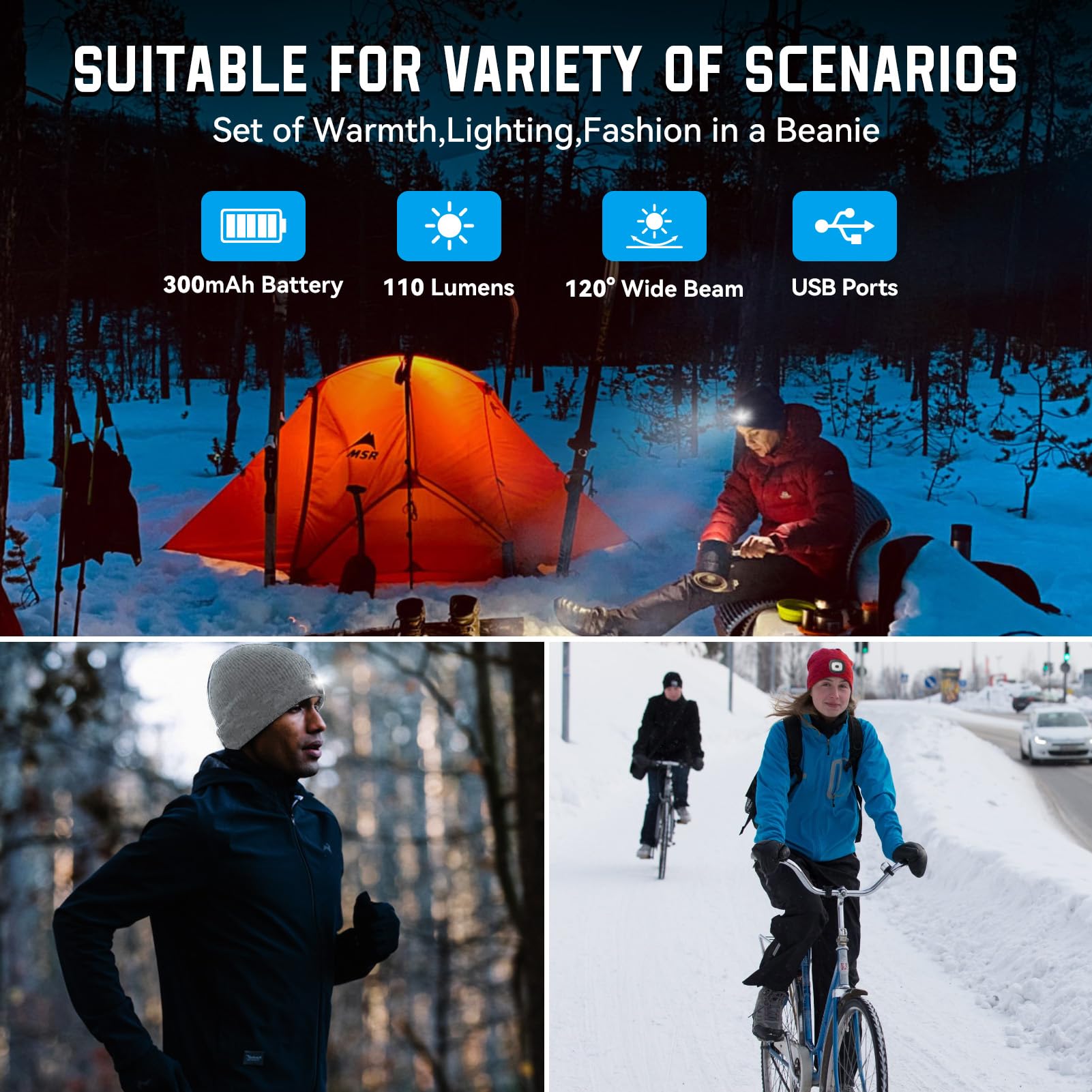 FFIPBGE Beanie Hats with Light, USB Rechargeable Headlamp, 2 Pack, Acrylic, Red, Model BHL2413