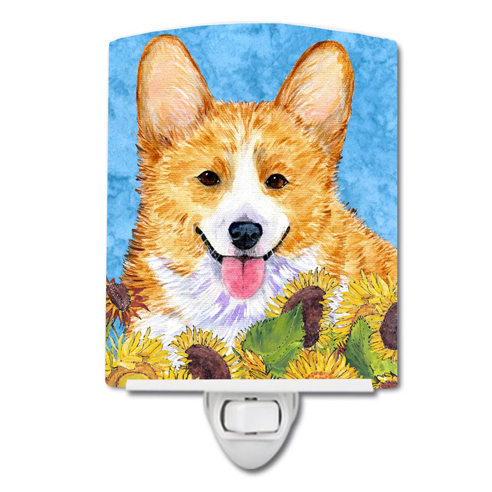 Caroline'S Treasures Ss4119Cnl Corgi In Summer Flowers Ceramic Night Light Compact, Ul-Certified, Ideal For Bedroom, Bathroom, Nursery, Hallway, Kitchen, 6X4X3, Multicolor
