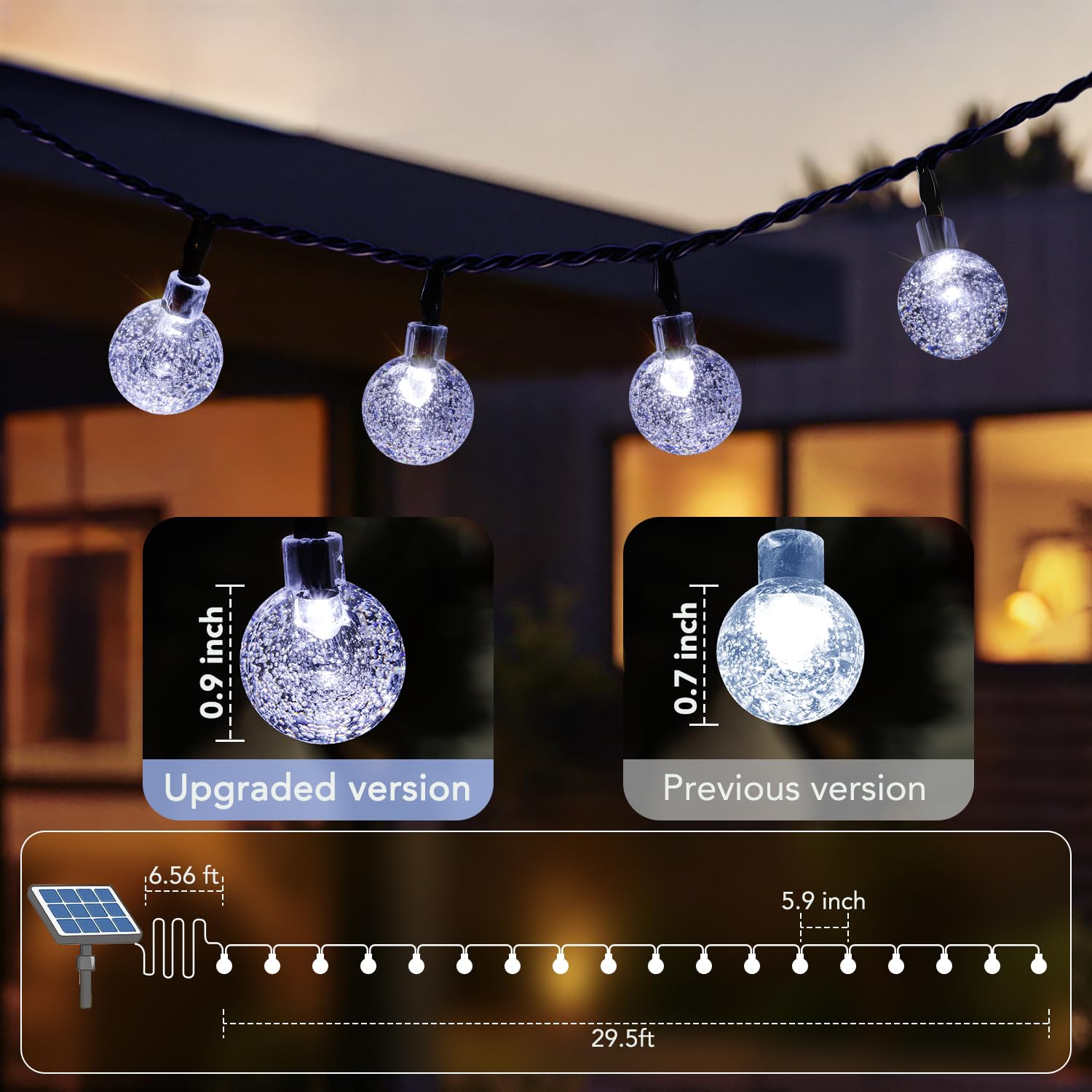 Metaku Solar String Lights, 36FT 60 LED Crystal Globe, Cool White, 8 Lighting Modes, Outdoor Patio Hanging Lights