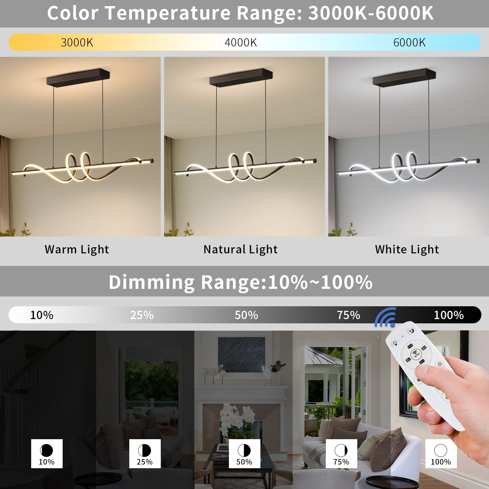 Lannlker Modern Led Pendant Lights, 39In Chandelier Dimmable With Remote Control 3000K-6000K Adjustable Color Temperature, Alumi